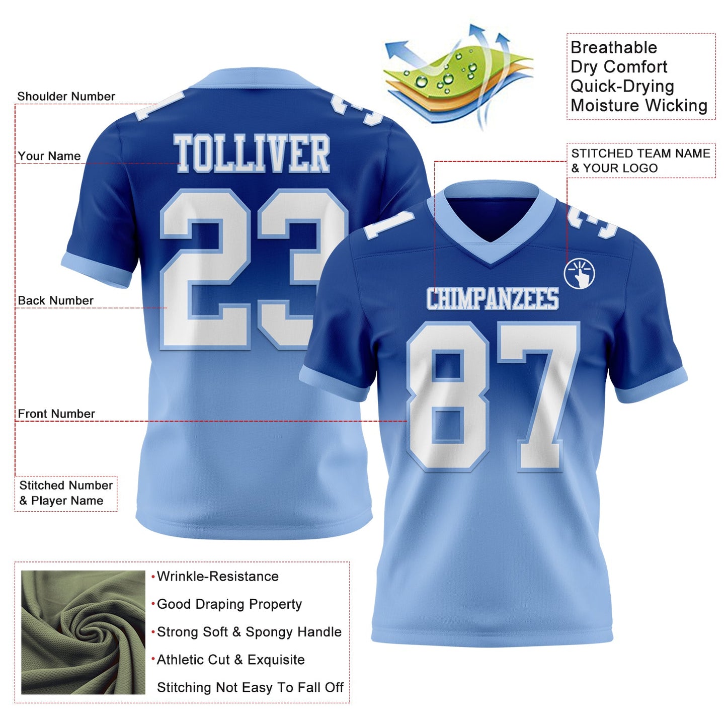Custom Royal White-Light Blue Authentic Fade Fashion Football Jersey view 2