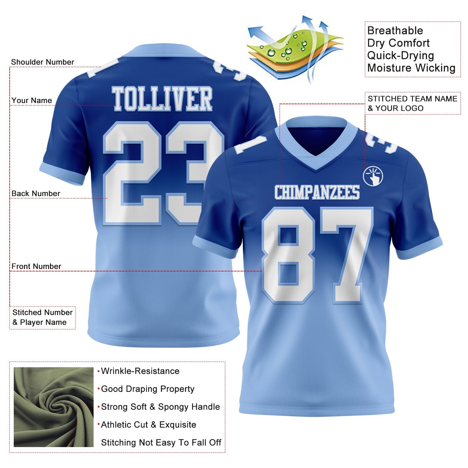 Custom Royal White-Light Blue Authentic Fade Fashion Football Jersey view 2
