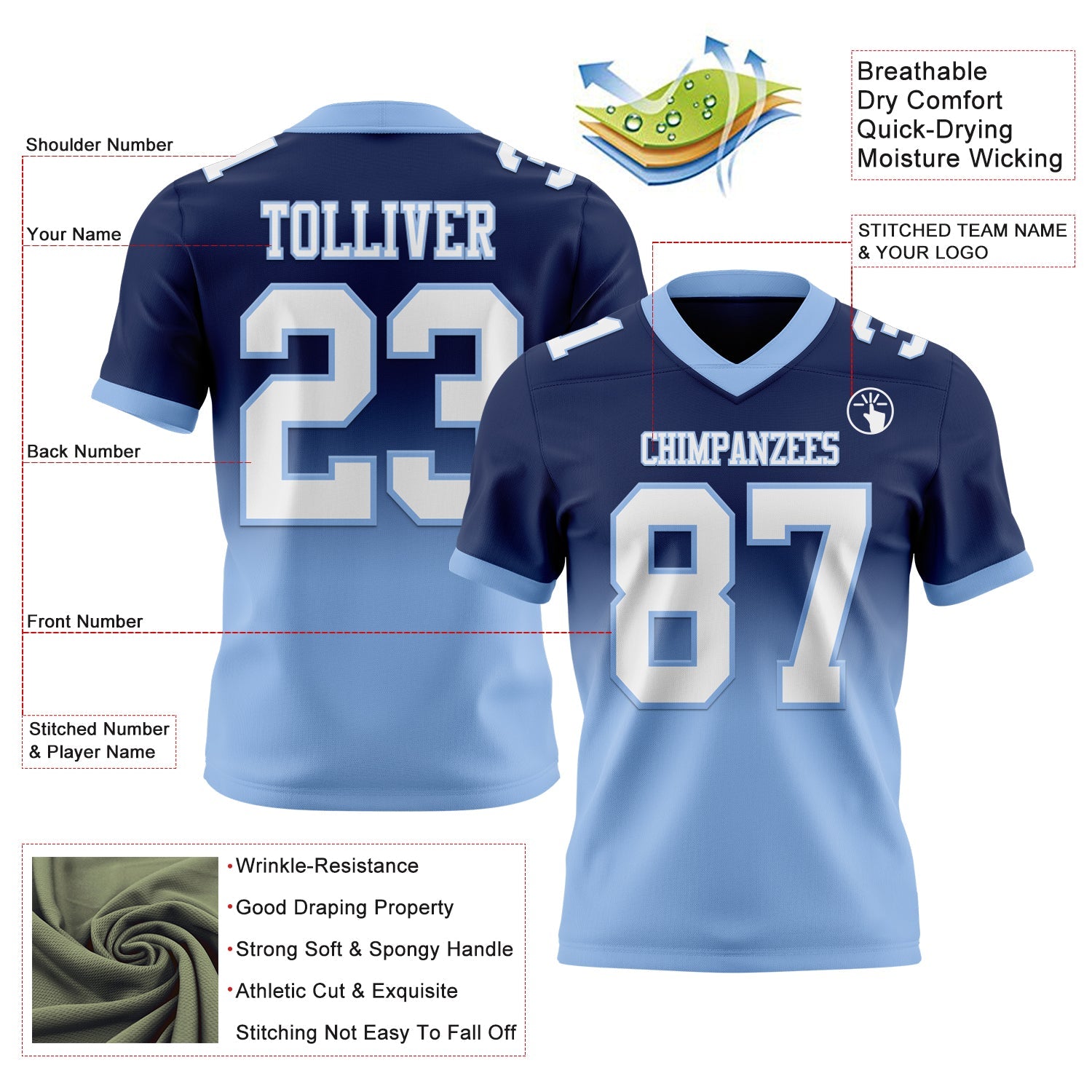 Custom Navy White-Light Blue Authentic Fade Fashion Football Jersey view 2