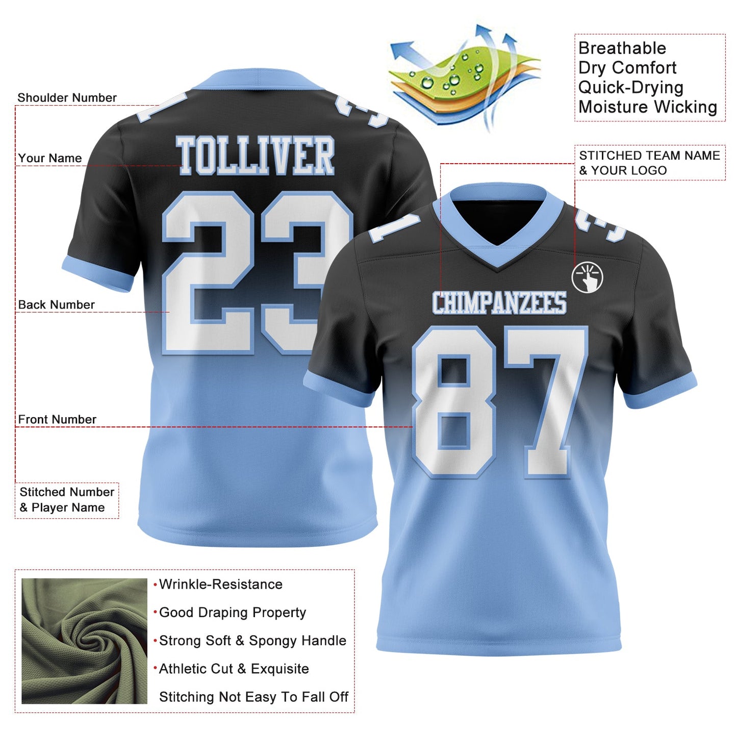 Custom Black White-Light Blue Authentic Fade Fashion Football Jersey view 2