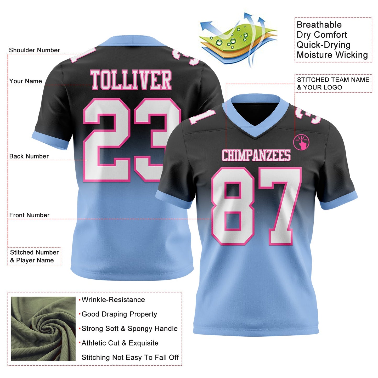 Custom Black White Light Blue-Pink Authentic Fade Fashion Football Jersey view 2