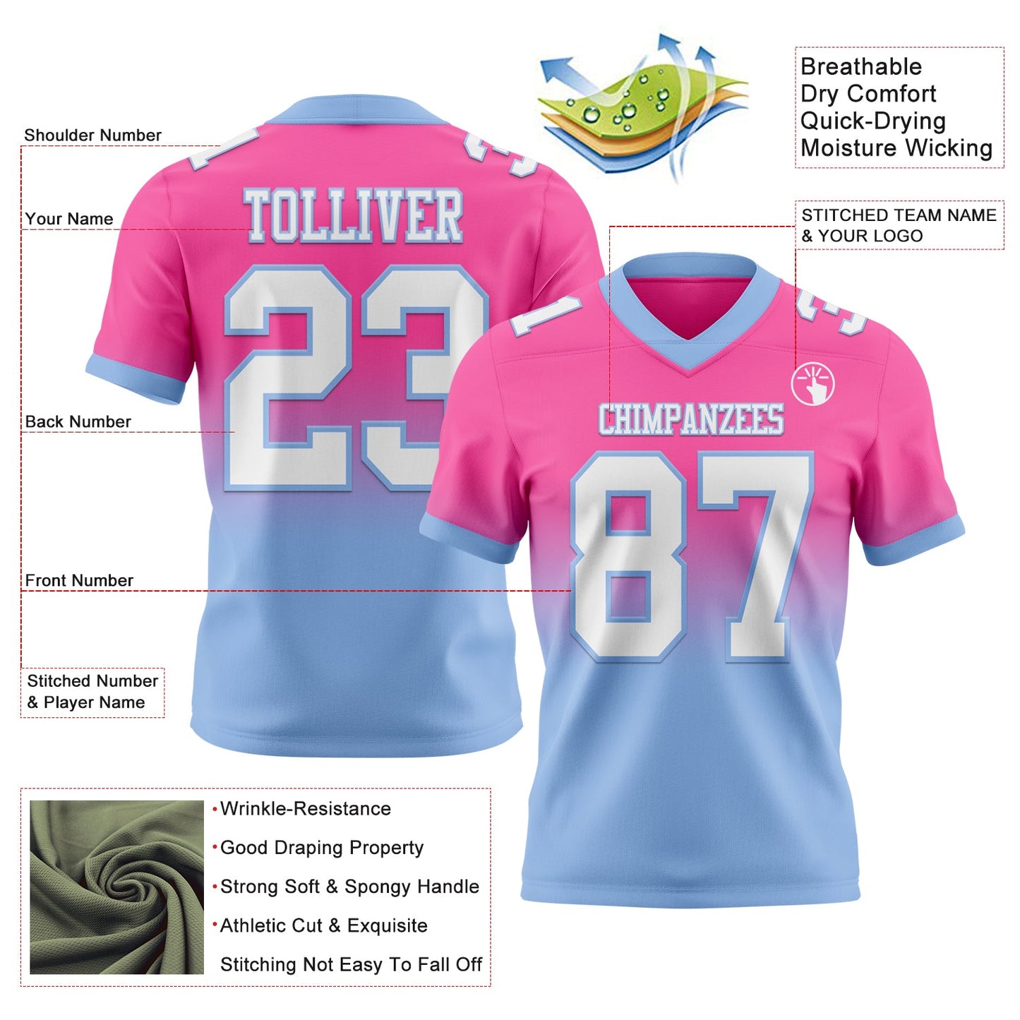 Custom Pink White-Light Blue Authentic Fade Fashion Football Jersey view 2