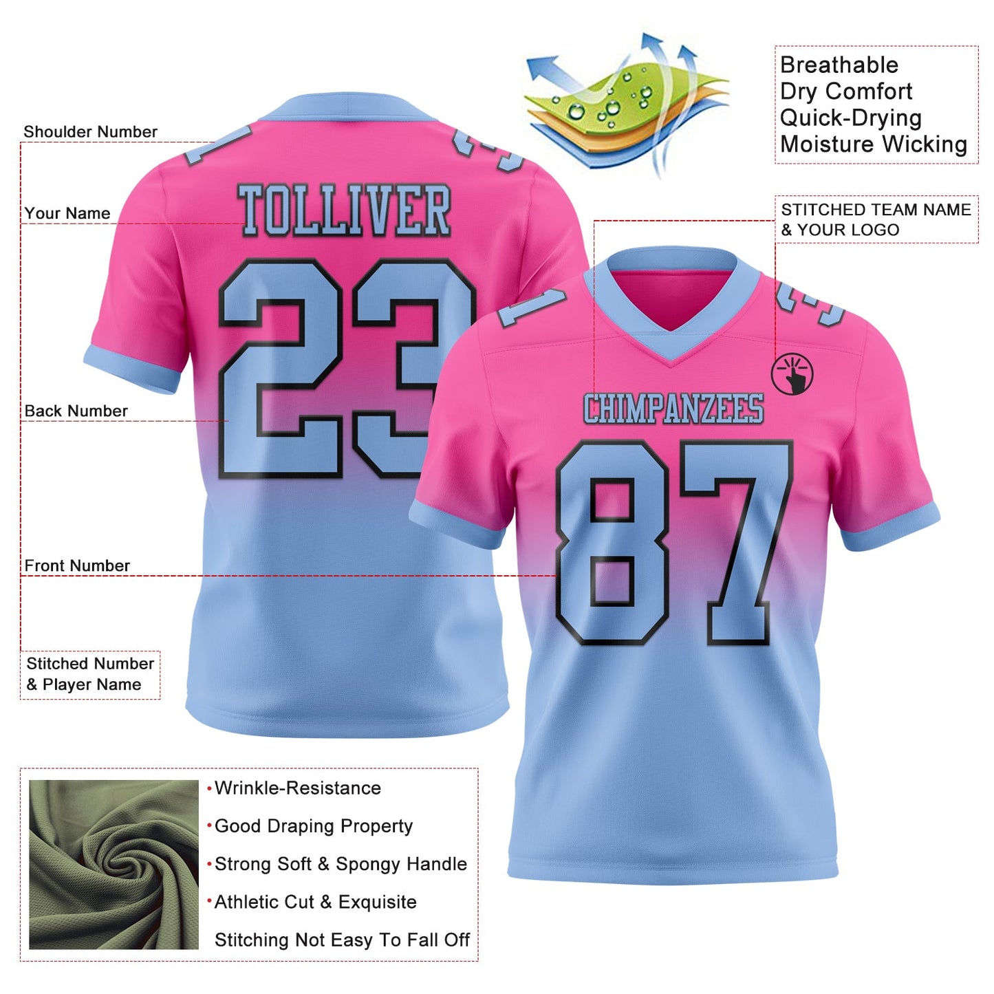 Custom Pink Light Blue-Black Authentic Fade Fashion Football Jersey view 2