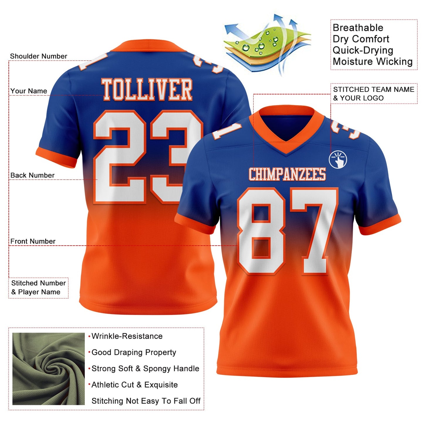 Custom Royal White-Orange Authentic Fade Fashion Football Jersey view 2