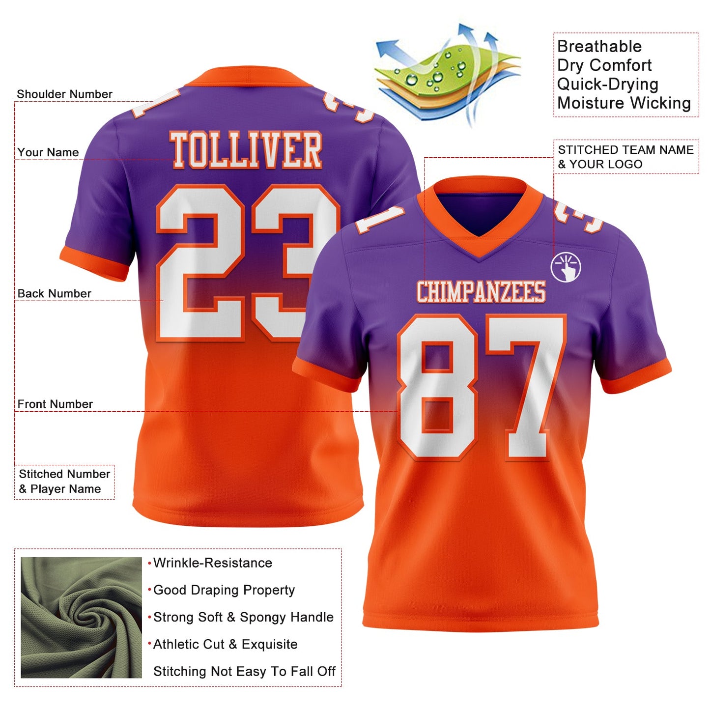 Custom Purple White-Orange Authentic Fade Fashion Football Jersey view 2