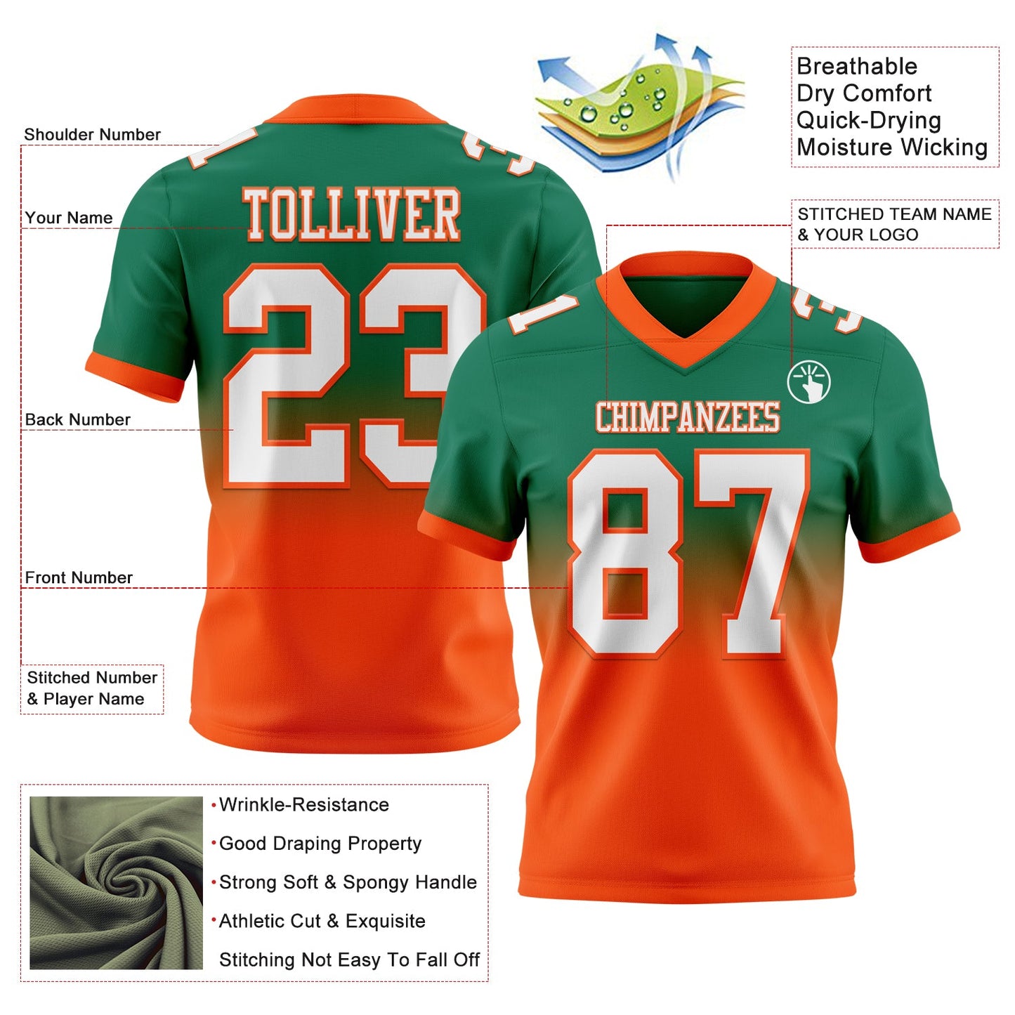 Custom Kelly Green White-Orange Authentic Fade Fashion Football Jersey view 2