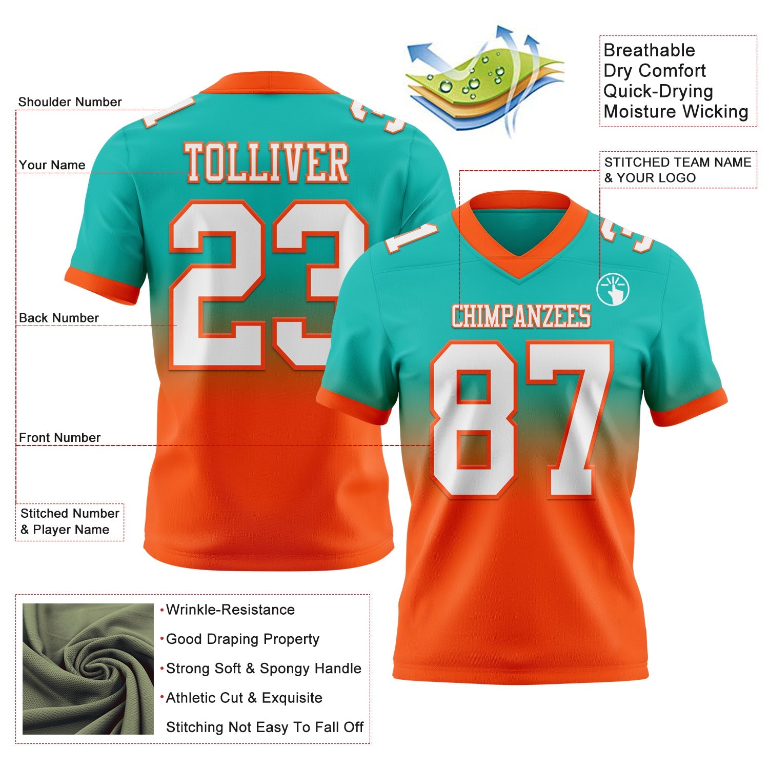 Custom Aqua White-Orange Authentic Fade Fashion Football Jersey view 2