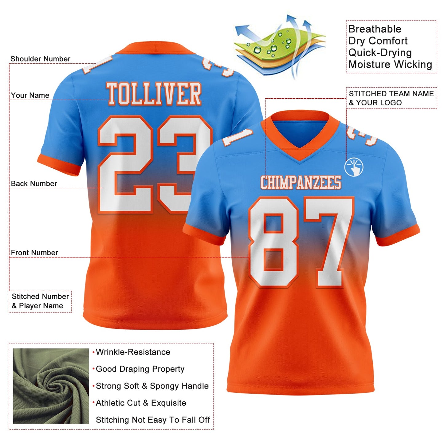 Custom Powder Blue White-Orange Authentic Fade Fashion Football Jersey view 2