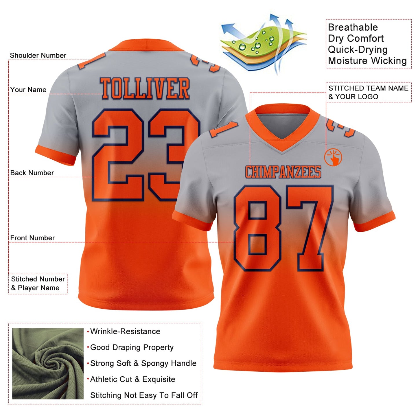 Custom Gray Orange-Navy Authentic Fade Fashion Football Jersey view 2