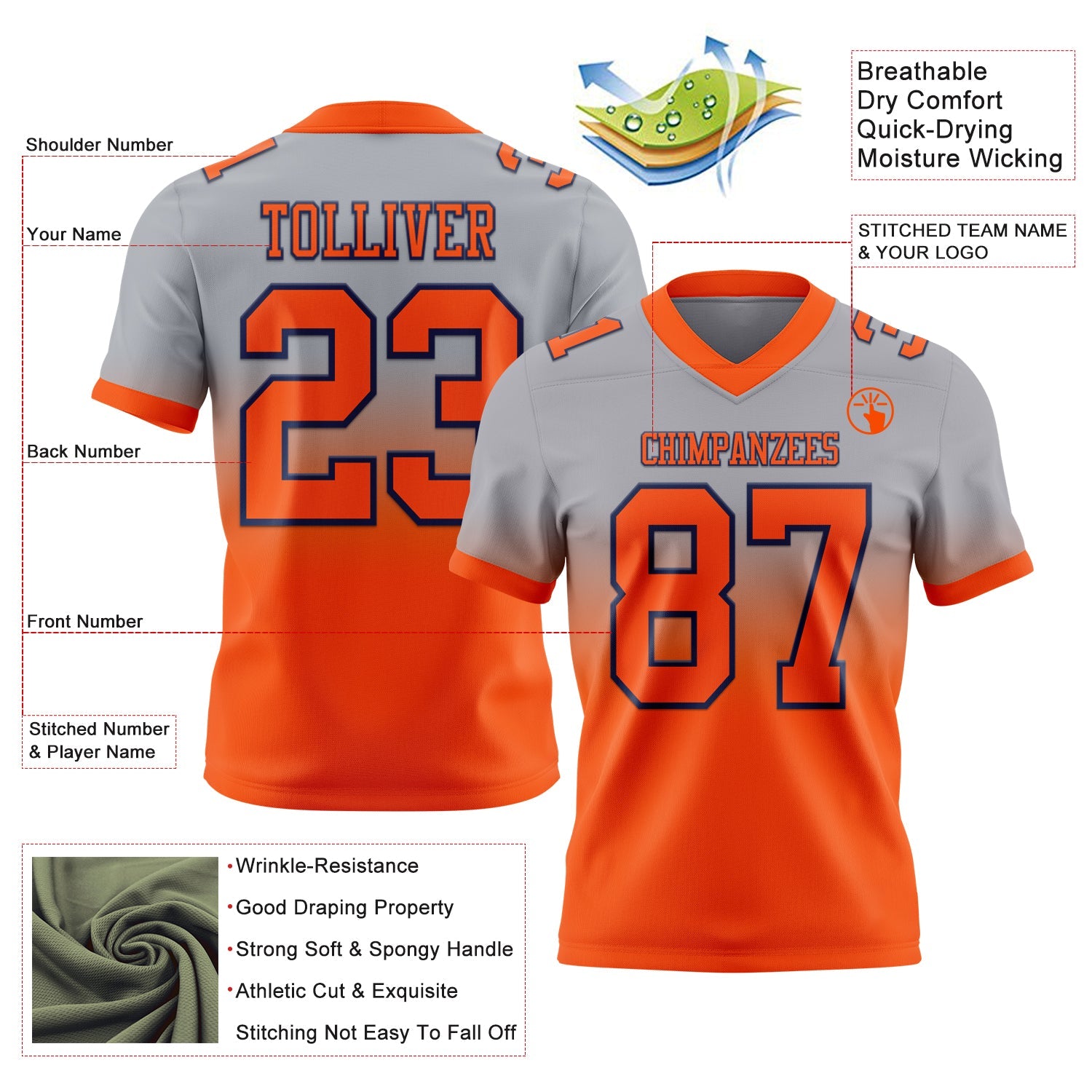 Custom Gray Orange-Navy Authentic Fade Fashion Football Jersey view 2