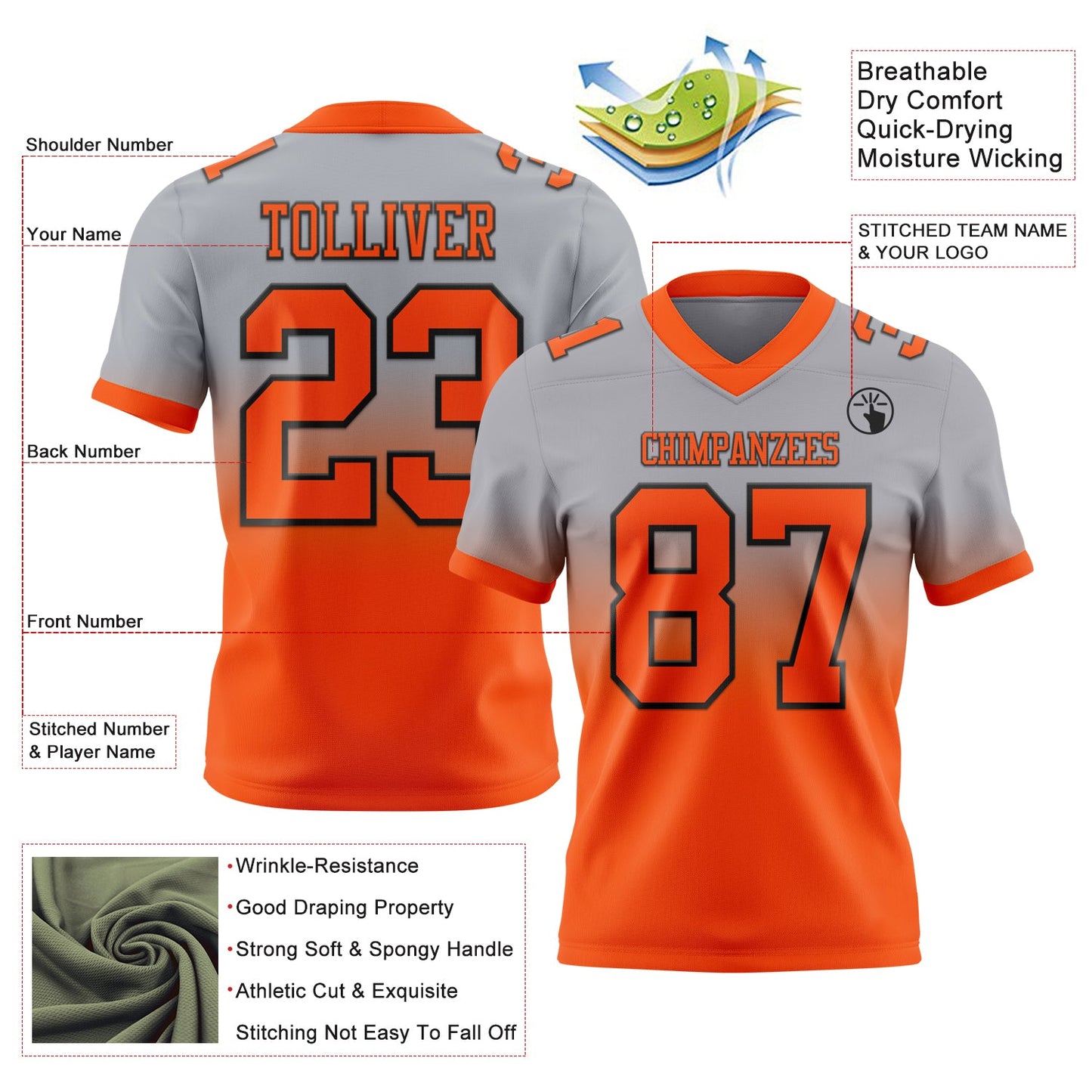 Custom Gray Orange-Black Authentic Fade Fashion Football Jersey view 2