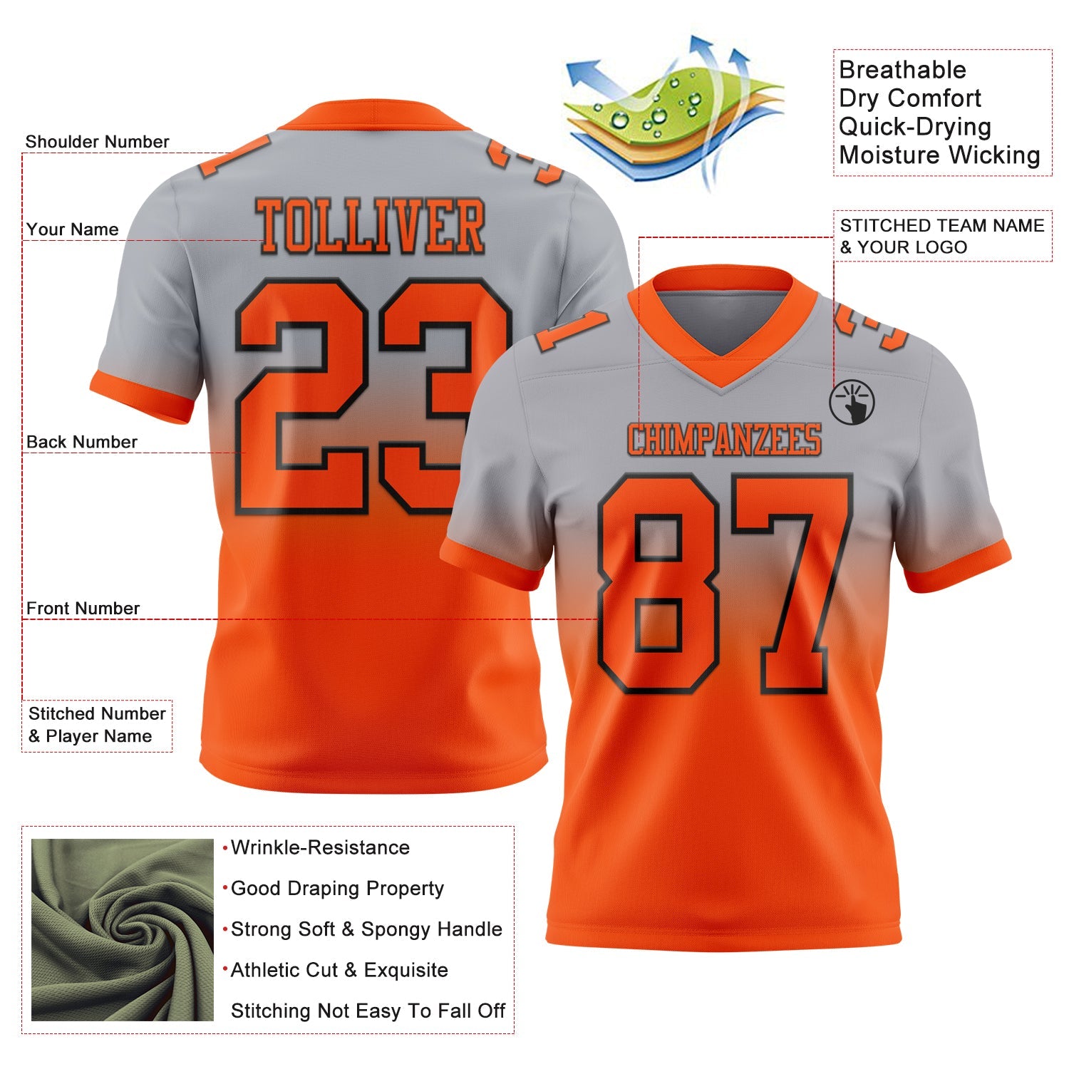 Custom Gray Orange-Black Authentic Fade Fashion Football Jersey view 2