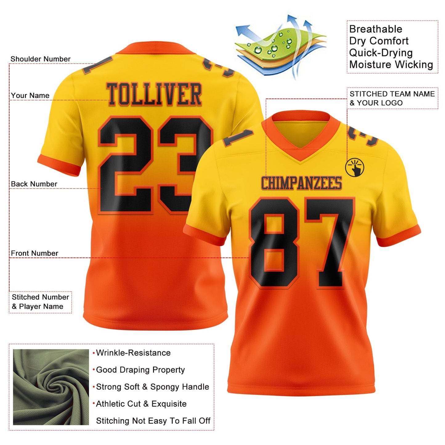 Custom Yellow Black-Orange Authentic Fade Fashion Football Jersey view 2