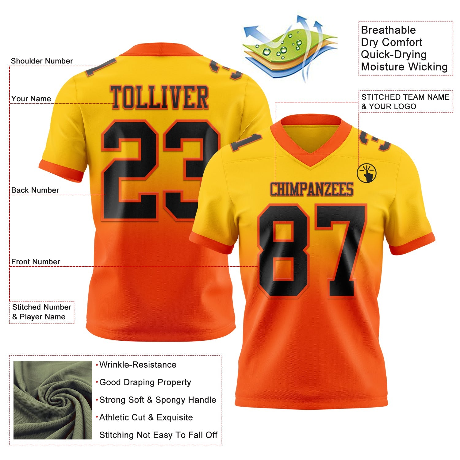 Custom Yellow Black-Orange Authentic Fade Fashion Football Jersey view 2