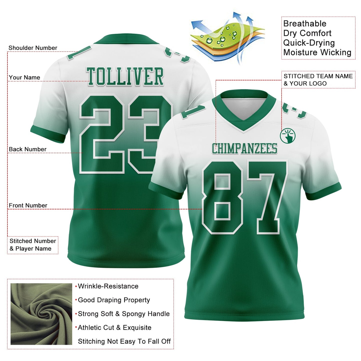 Custom White Kelly Green Authentic Fade Fashion Football Jersey view 2