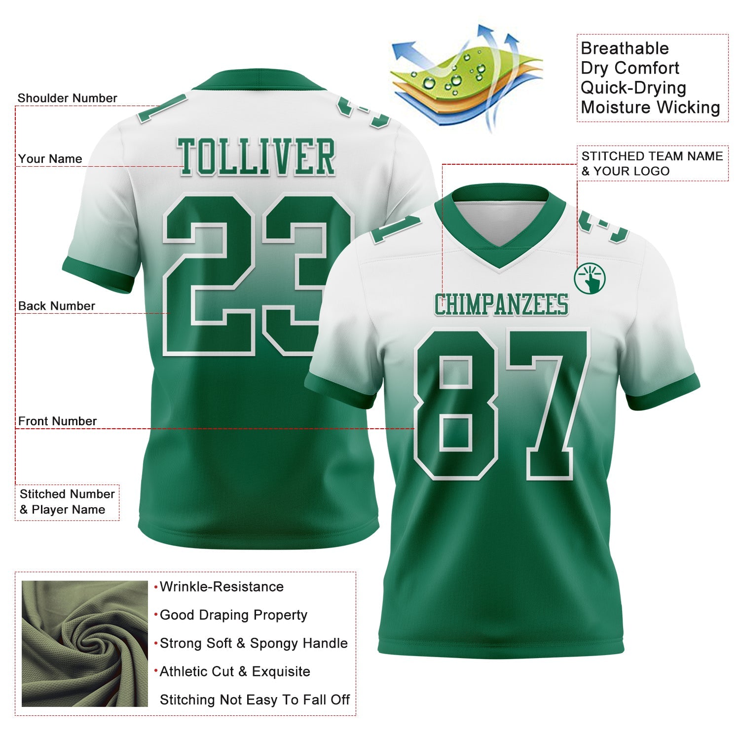 Custom White Kelly Green Authentic Fade Fashion Football Jersey view 2