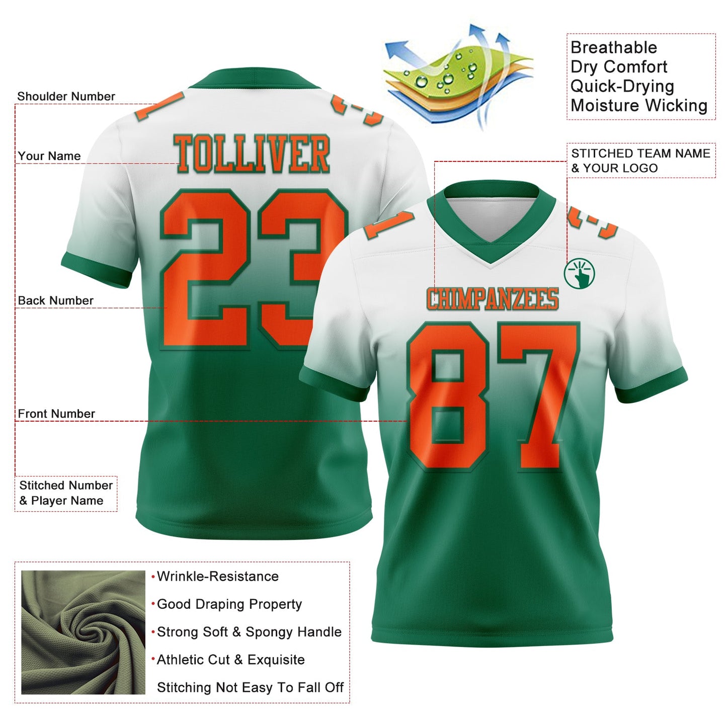 Custom White Orange-Kelly Green Authentic Fade Fashion Football Jersey view 2
