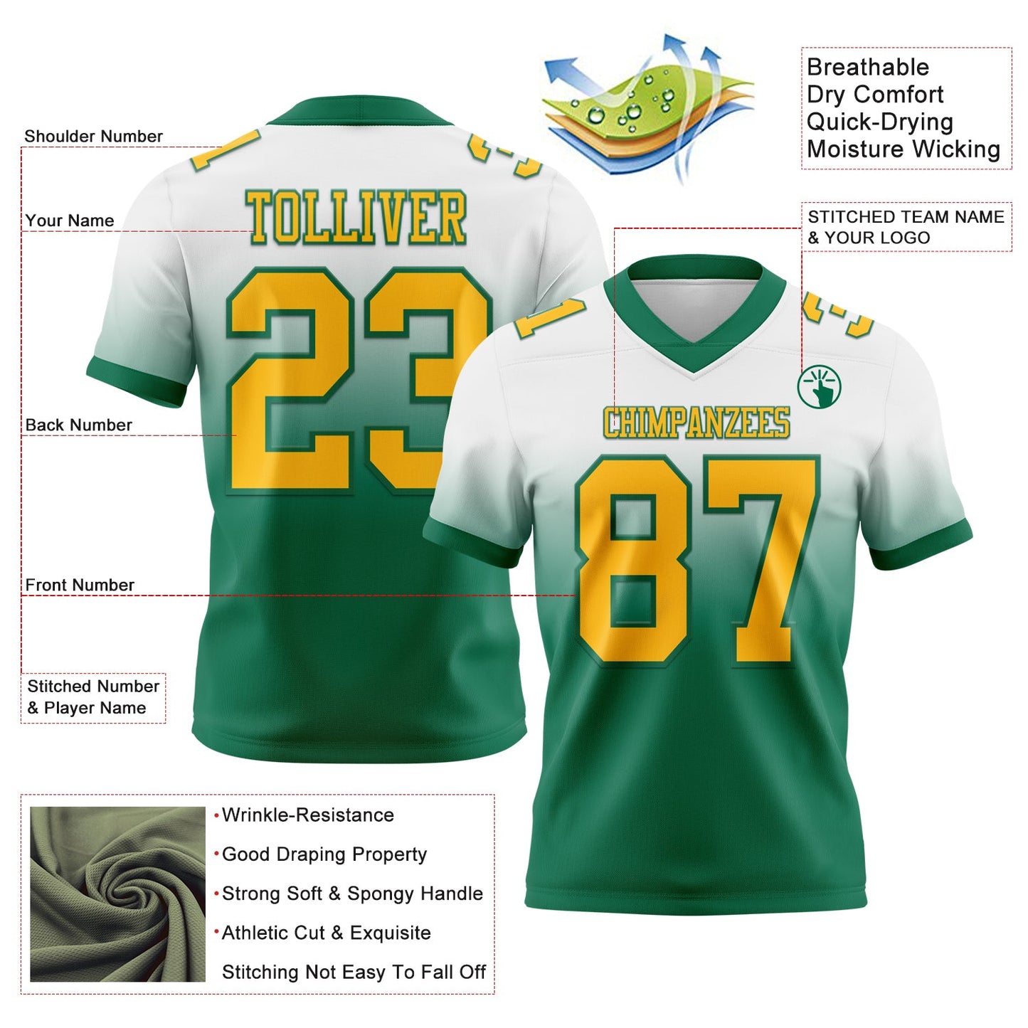 Custom White Gold-Kelly Green Authentic Fade Fashion Football Jersey view 2