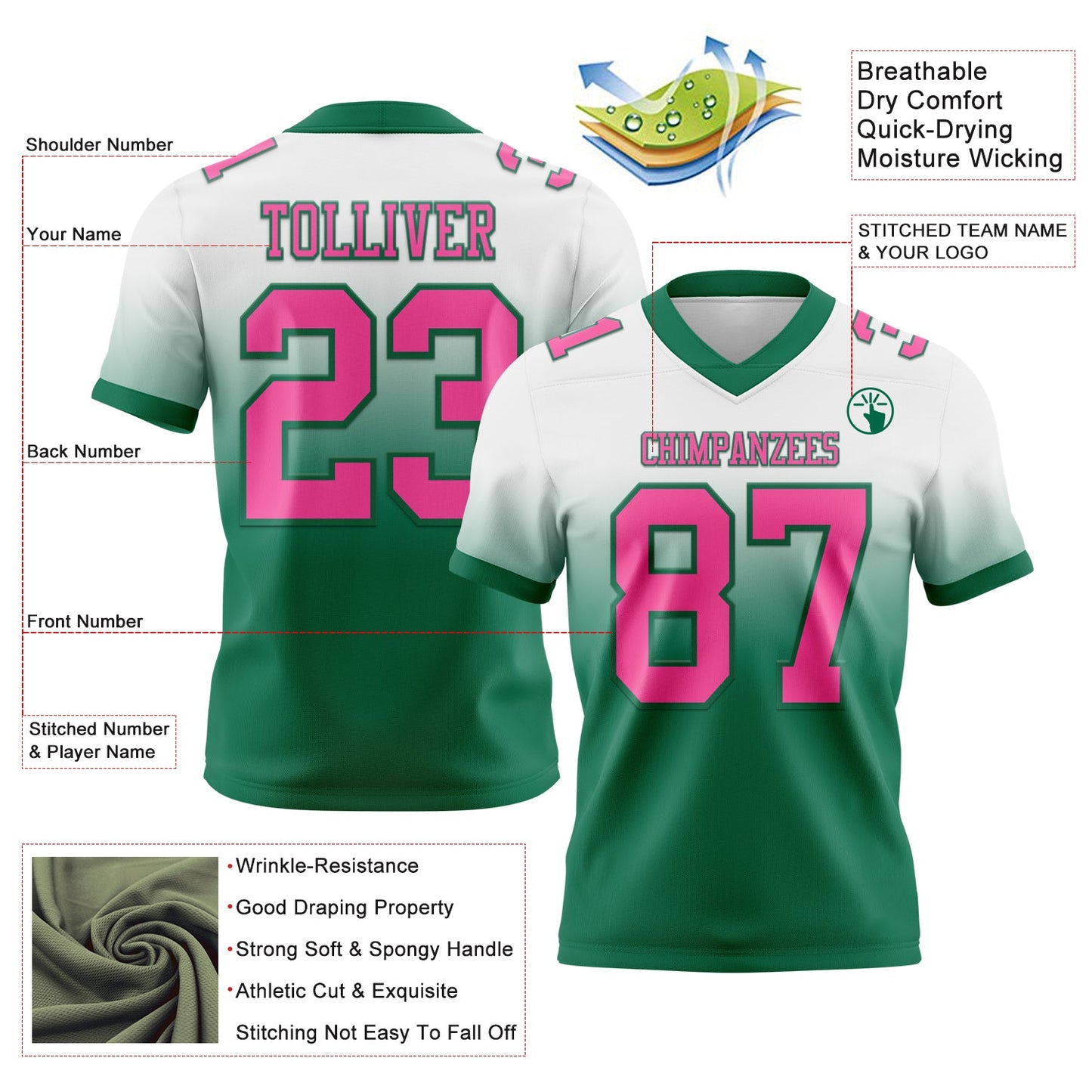 Custom White Pink-Kelly Green Authentic Fade Fashion Football Jersey view 2