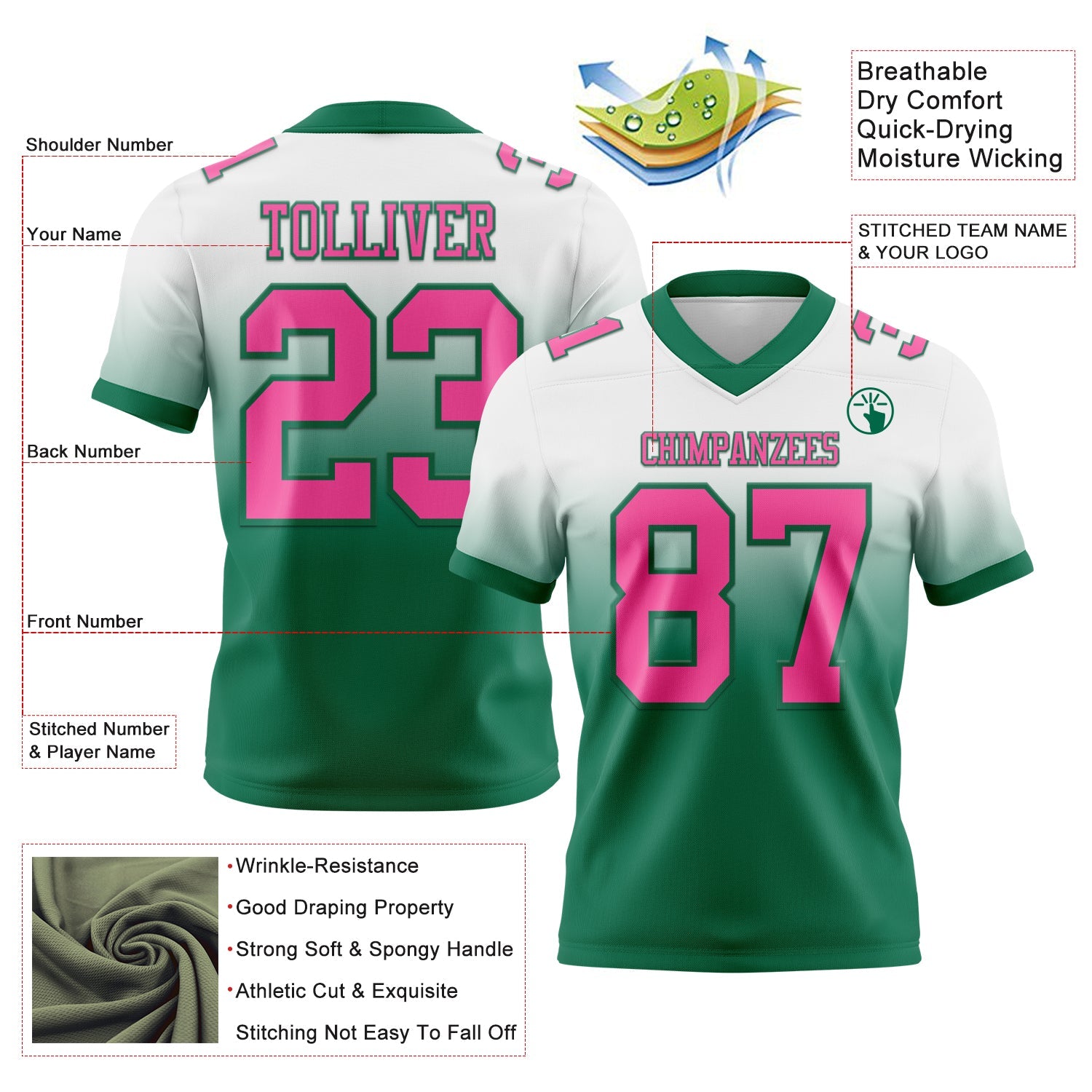 Custom White Pink-Kelly Green Authentic Fade Fashion Football Jersey view 2