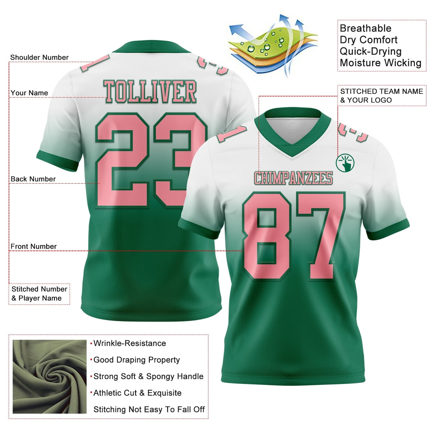 Custom White Medium Pink-Kelly Green Authentic Fade Fashion Football Jersey view 2