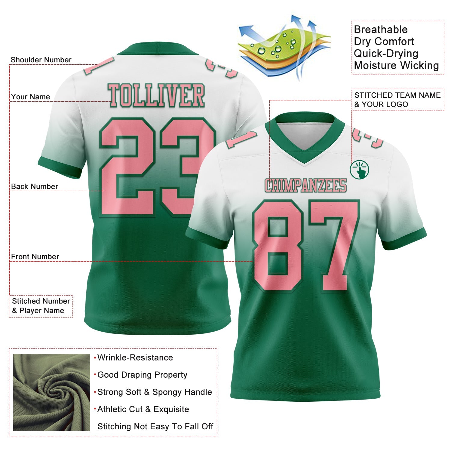 Custom White Medium Pink-Kelly Green Authentic Fade Fashion Football Jersey view 2
