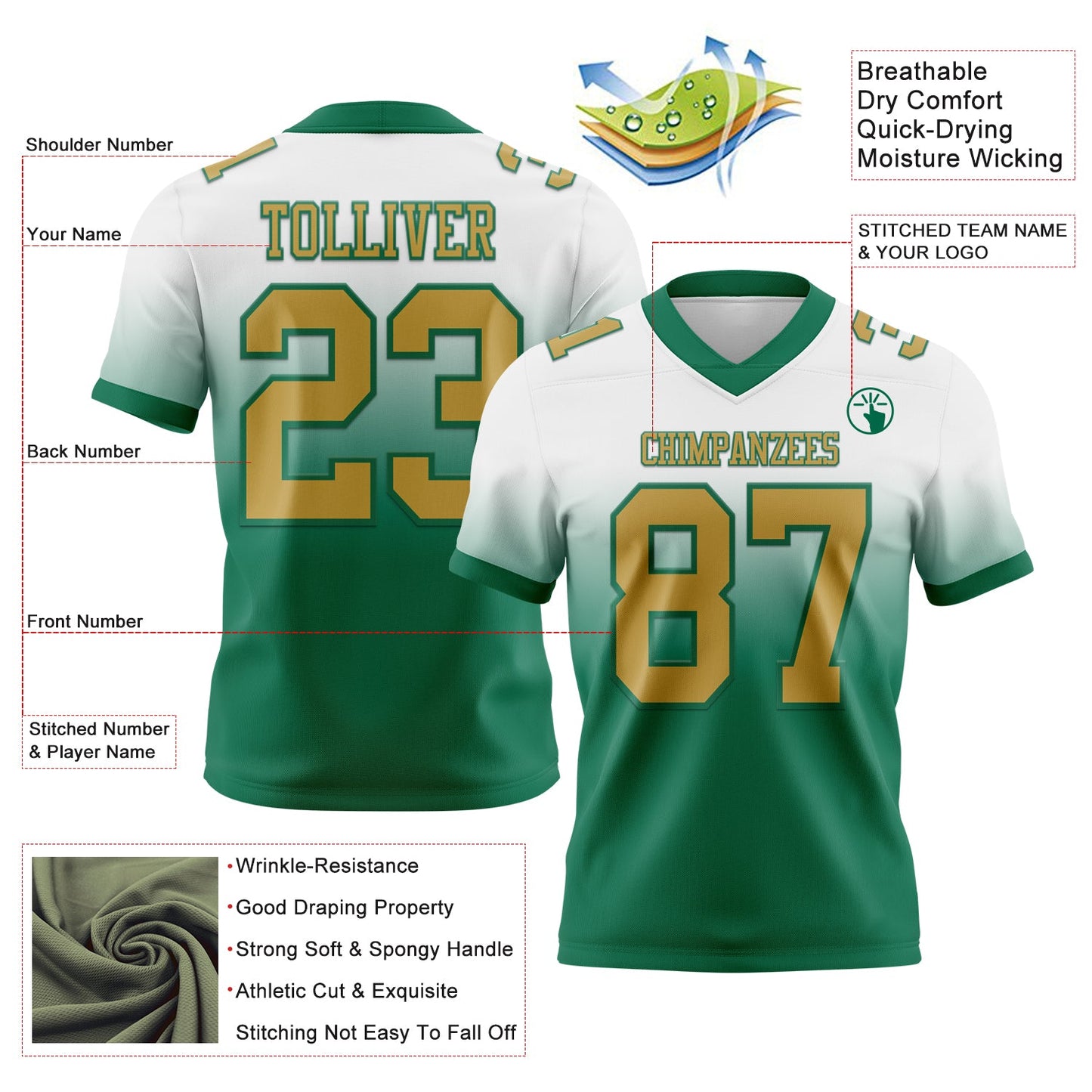 Custom White Old Gold-Kelly Green Authentic Fade Fashion Football Jersey view 2