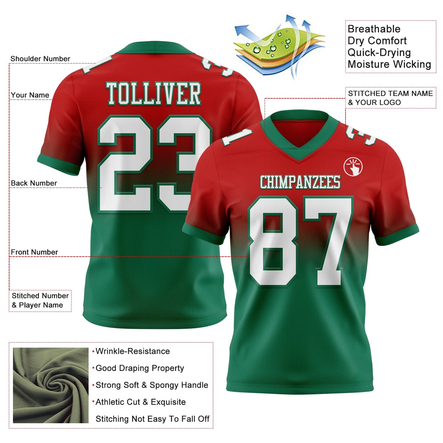 Custom Red White-Kelly Green Authentic Fade Fashion Football Jersey view 2