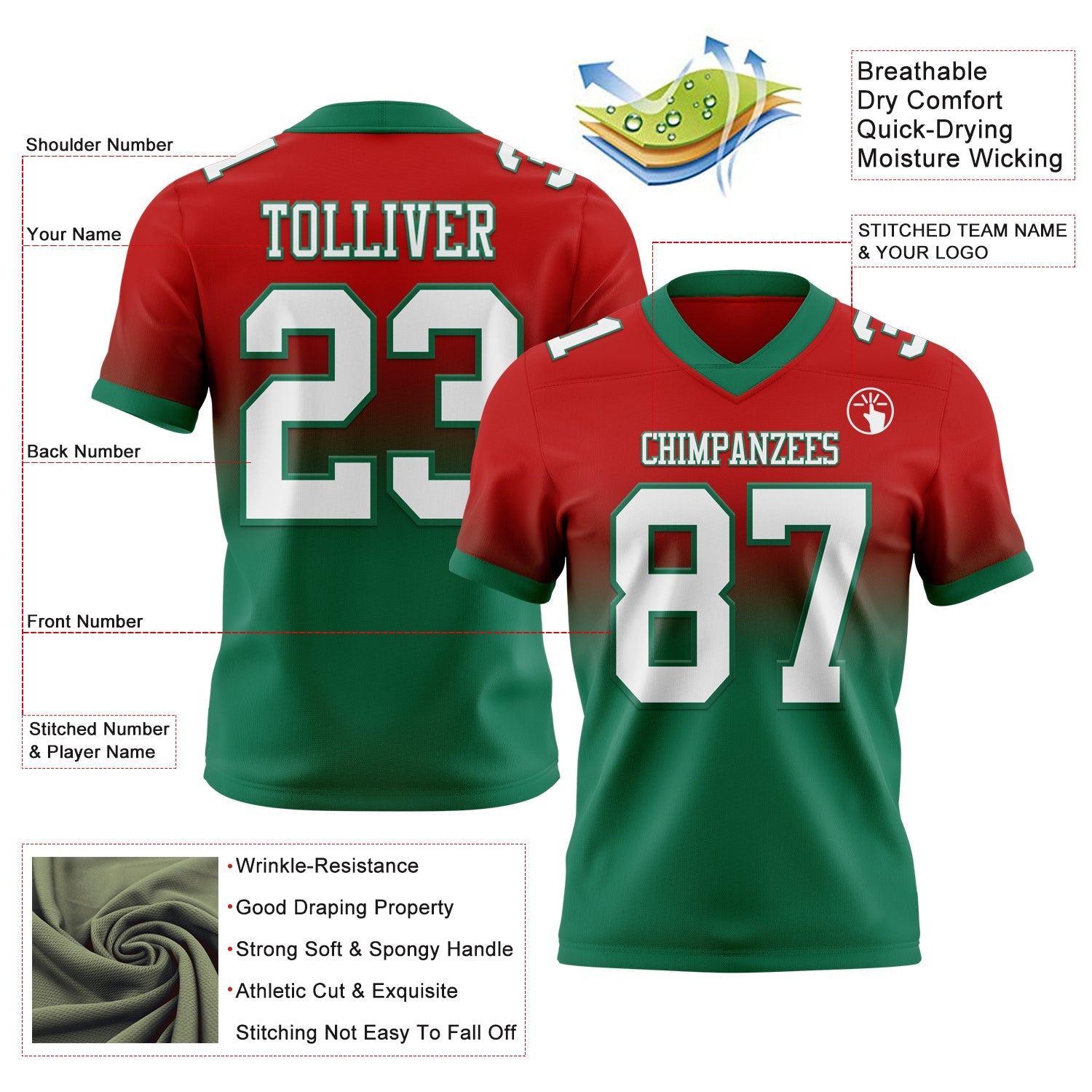 Custom Red White-Kelly Green Authentic Fade Fashion Football Jersey view 2