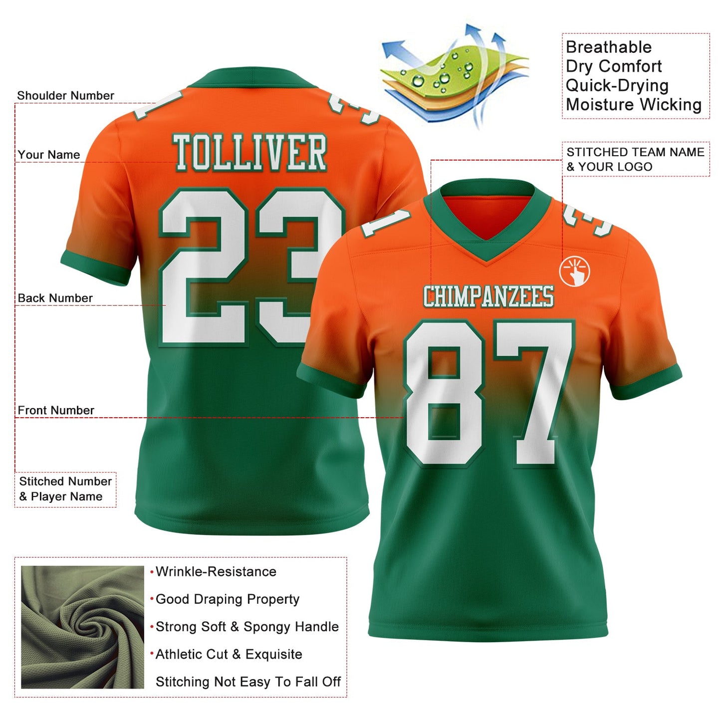 Custom Orange White-Kelly Green Authentic Fade Fashion Football Jersey view 2