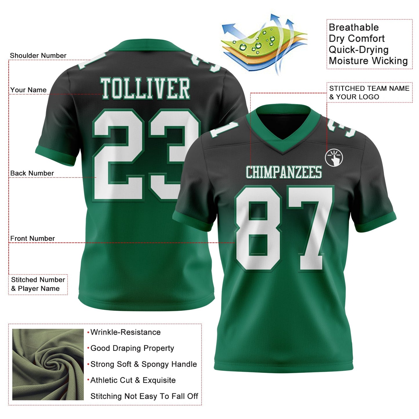 Custom Black White-Kelly Green Authentic Fade Fashion Football Jersey view 2