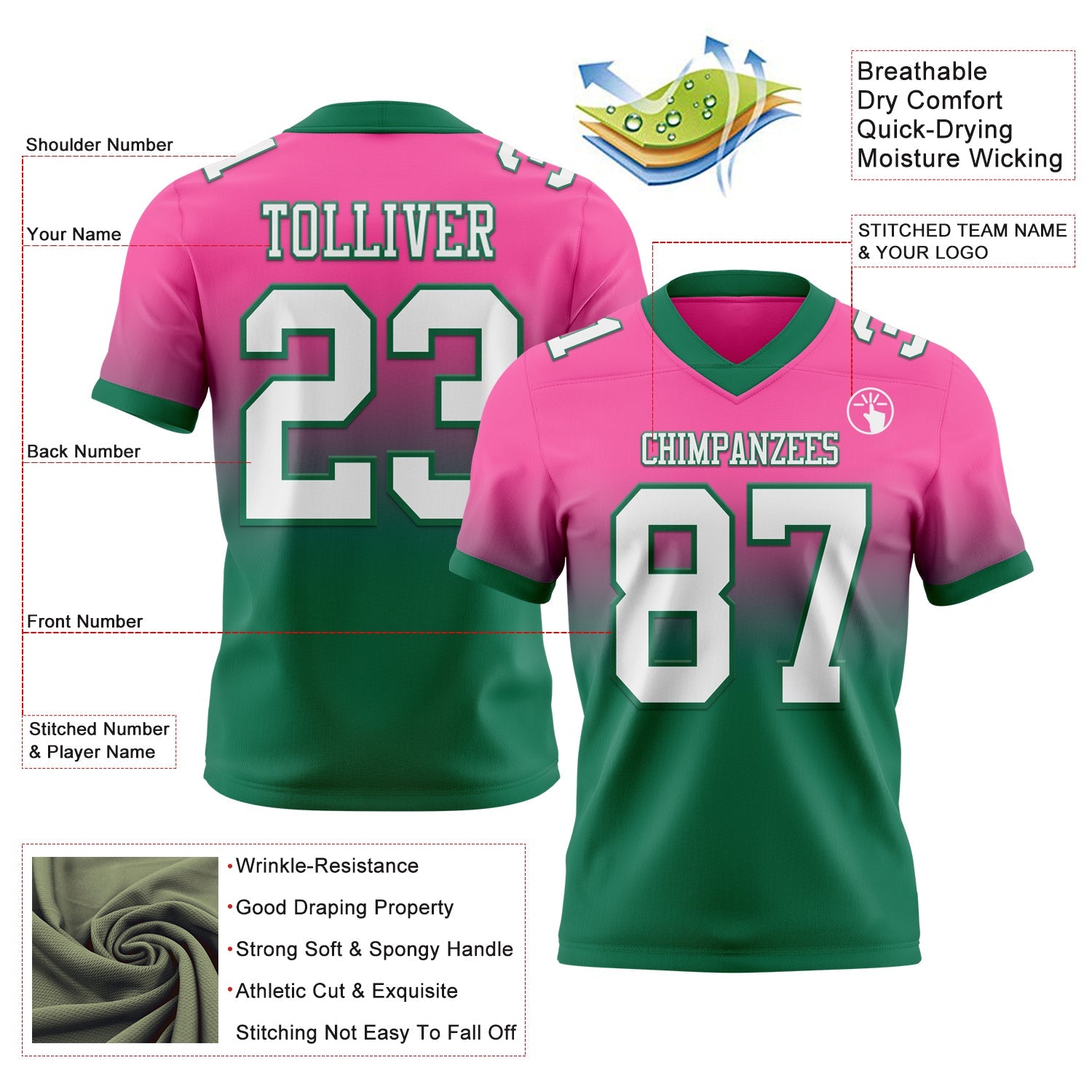 Custom Pink White-Kelly Green Authentic Fade Fashion Football Jersey view 2