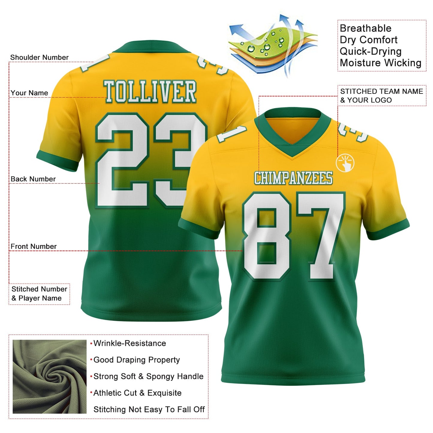 Custom Gold White-Kelly Green Authentic Fade Fashion Football Jersey view 2