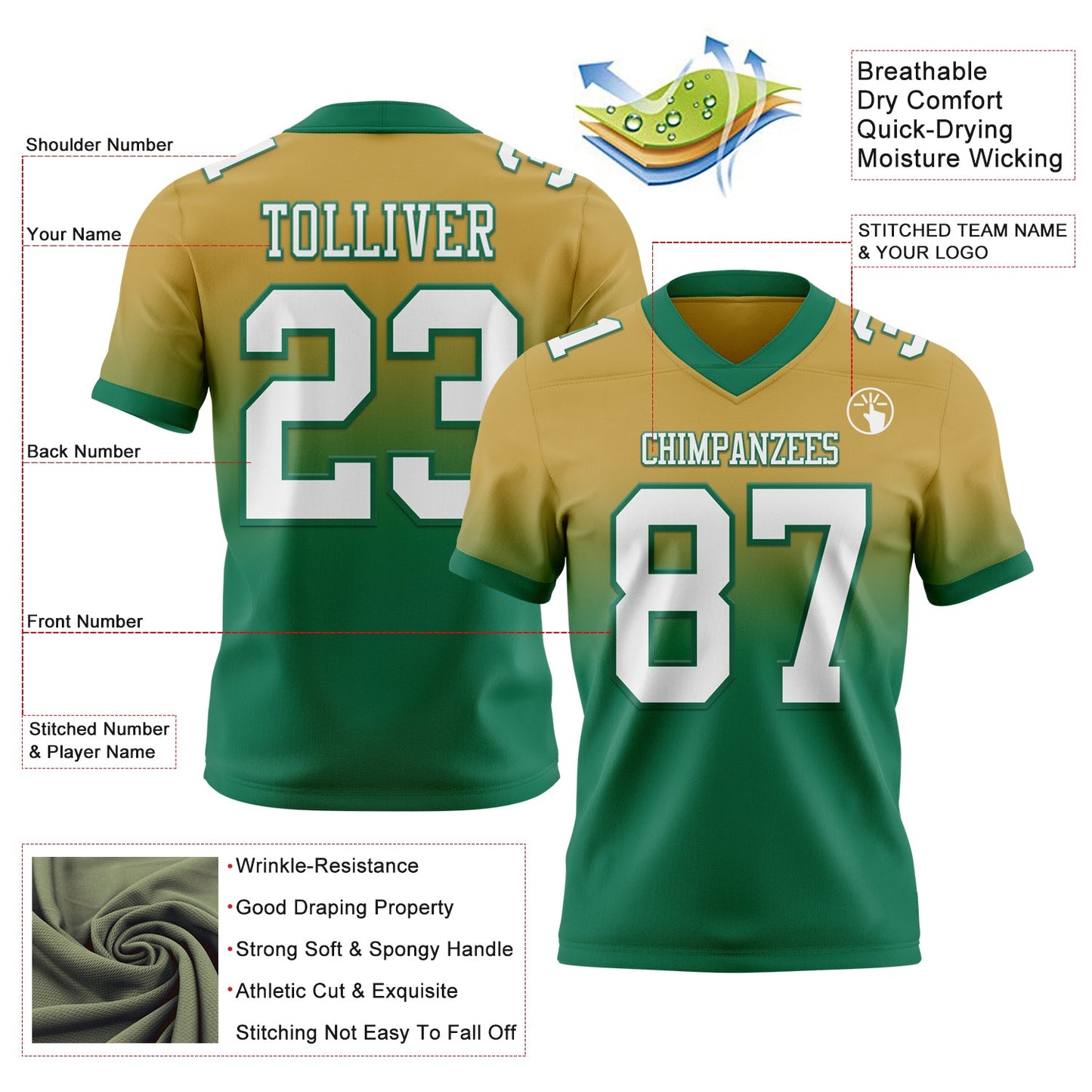 Custom Old Gold White-Kelly Green Authentic Fade Fashion Football Jersey view 2