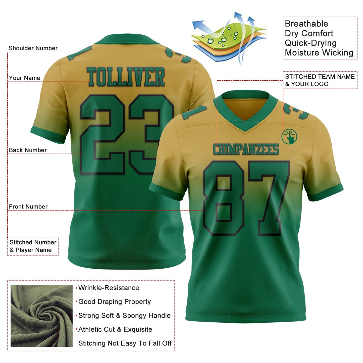 Custom Old Gold Kelly Green-Black Authentic Fade Fashion Football Jersey view 2