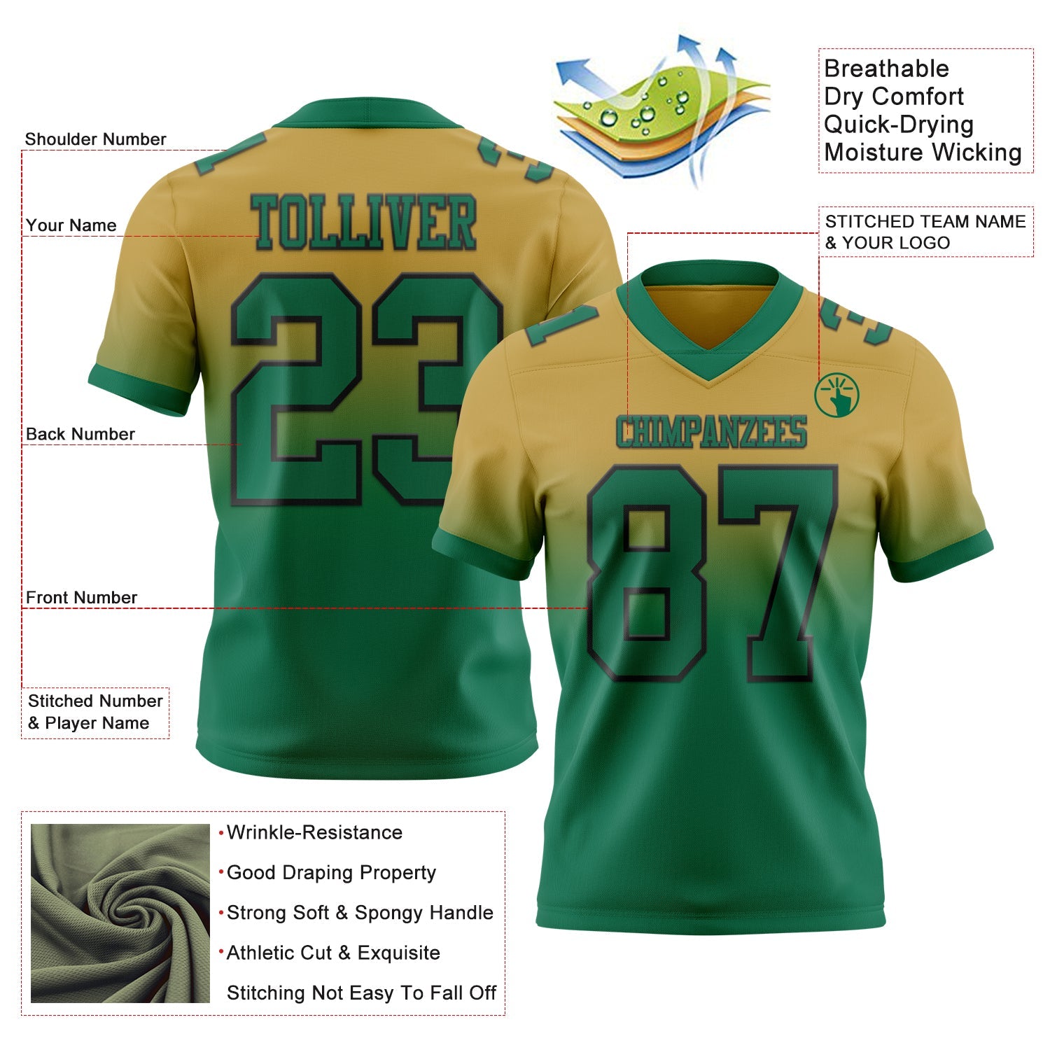 Custom Old Gold Kelly Green-Black Authentic Fade Fashion Football Jersey view 2