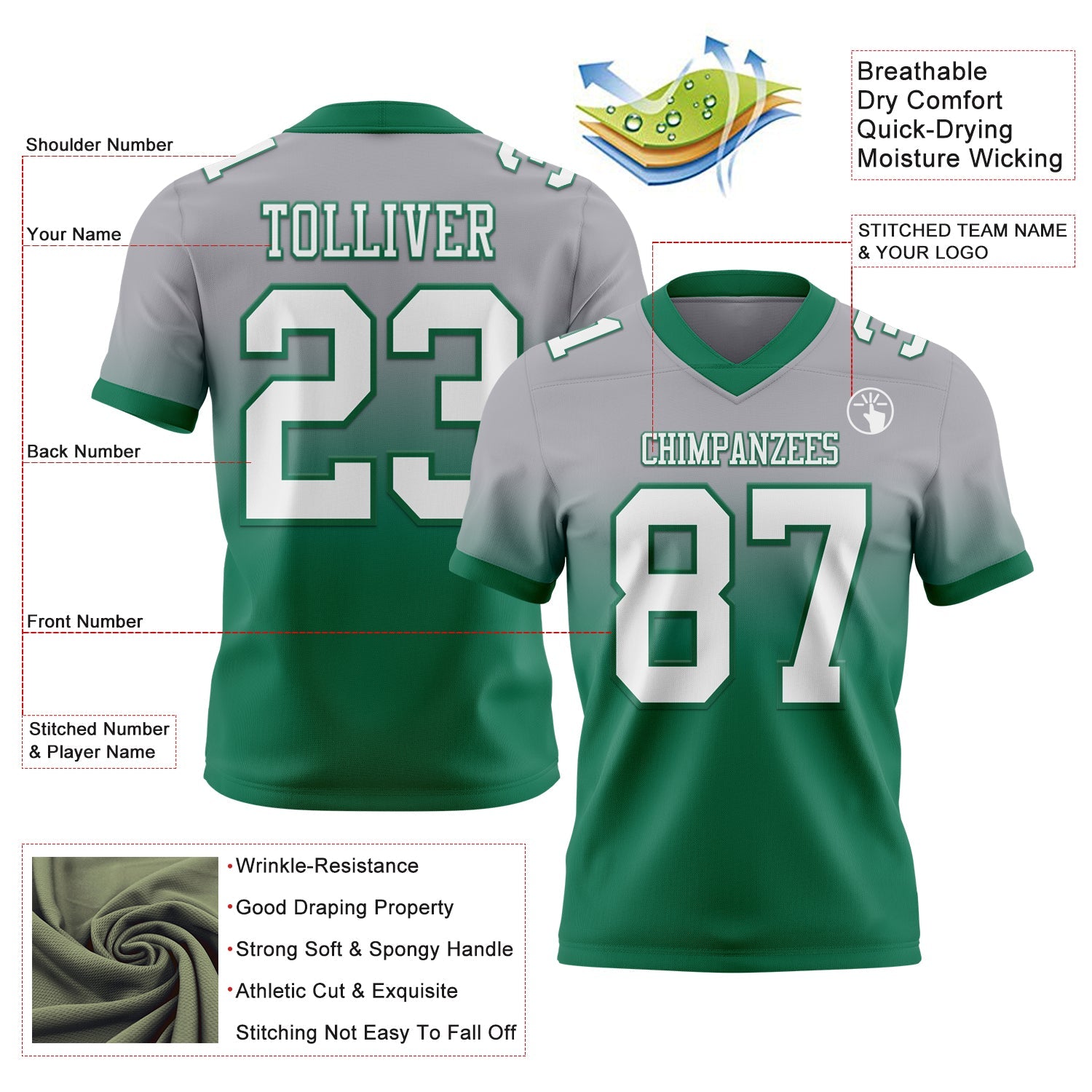 Custom Gray White-Kelly Green Authentic Fade Fashion Football Jersey view 2