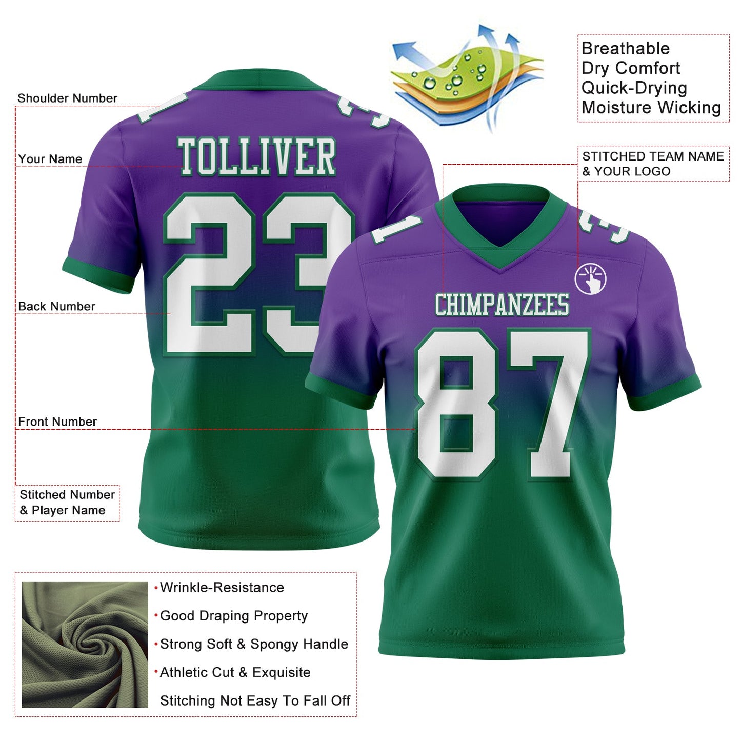 Custom Purple White-Kelly Green Authentic Fade Fashion Football Jersey view 2