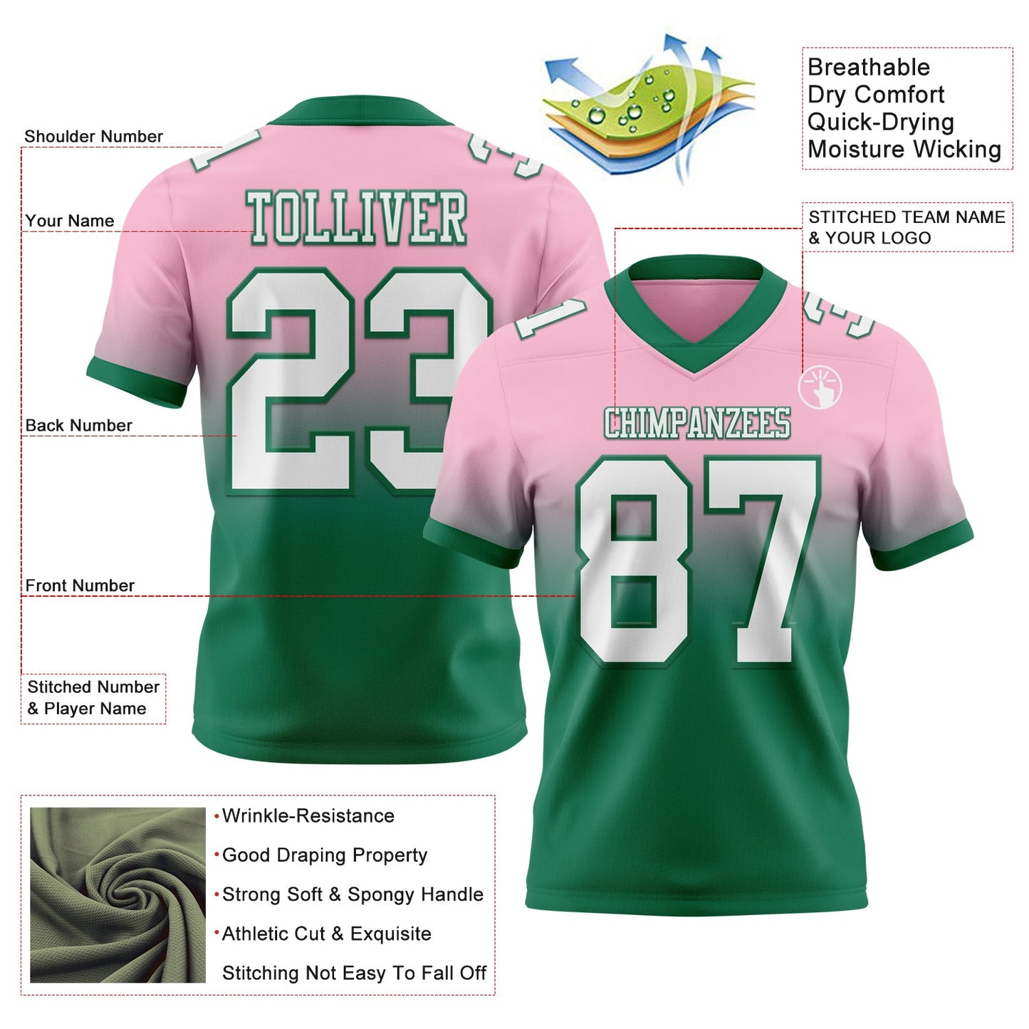 Custom Light Pink White-Kelly Green Authentic Fade Fashion Football Jersey view 2