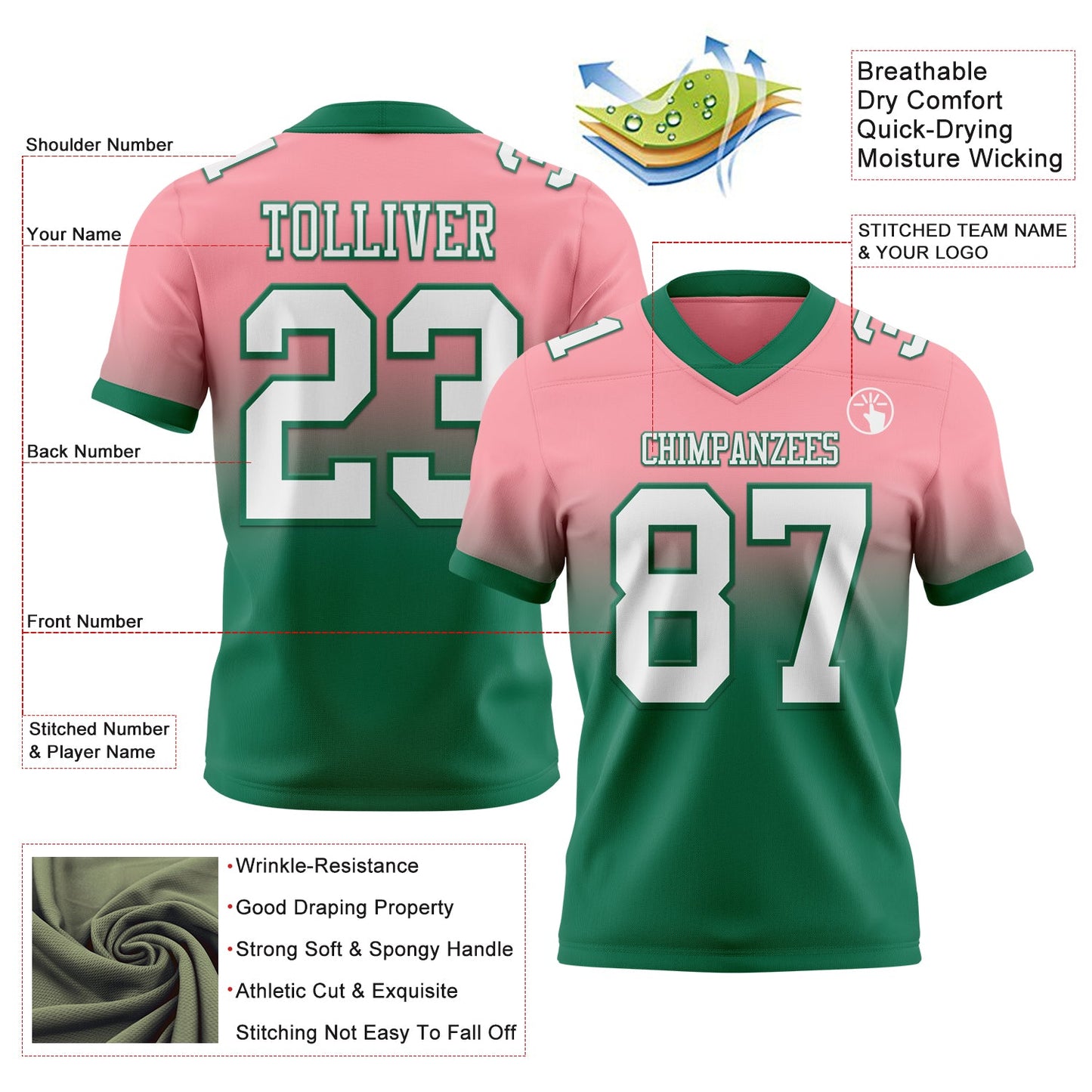Custom Medium Pink White-Kelly Green Authentic Fade Fashion Football Jersey view 2