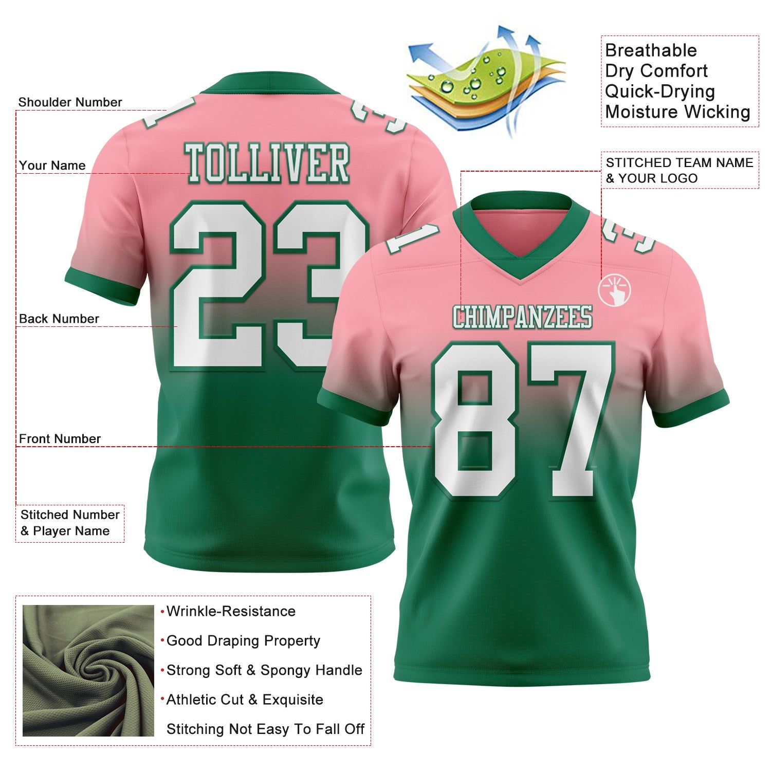 Custom Medium Pink White-Kelly Green Authentic Fade Fashion Football Jersey view 2