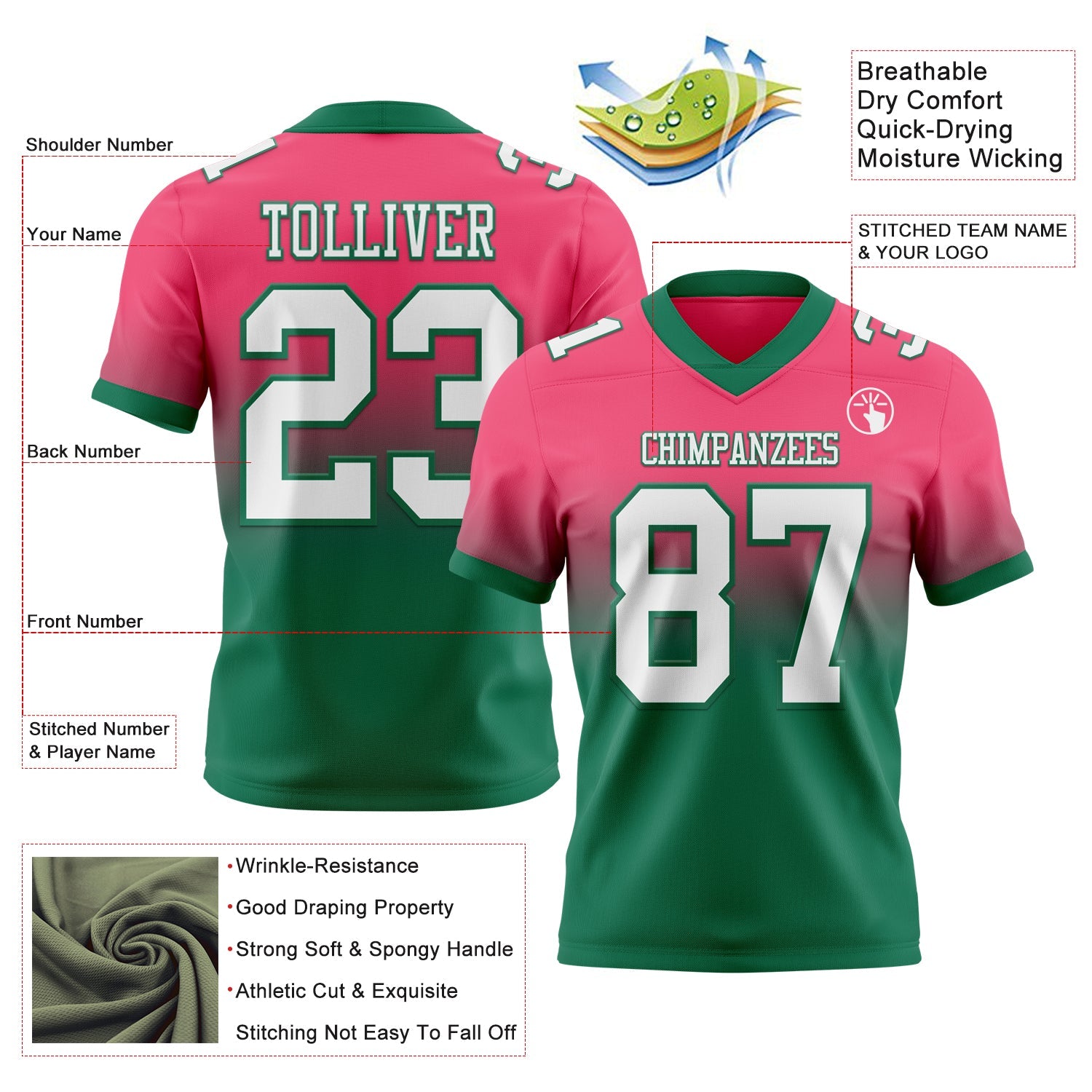 Custom Neon Pink White-Kelly Green Authentic Fade Fashion Football Jersey view 2