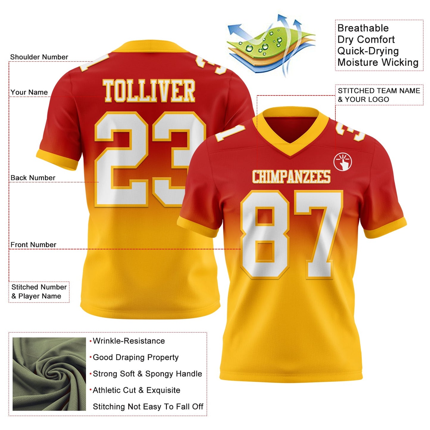 Custom Red White-Gold Authentic Fade Fashion Football Jersey view 2