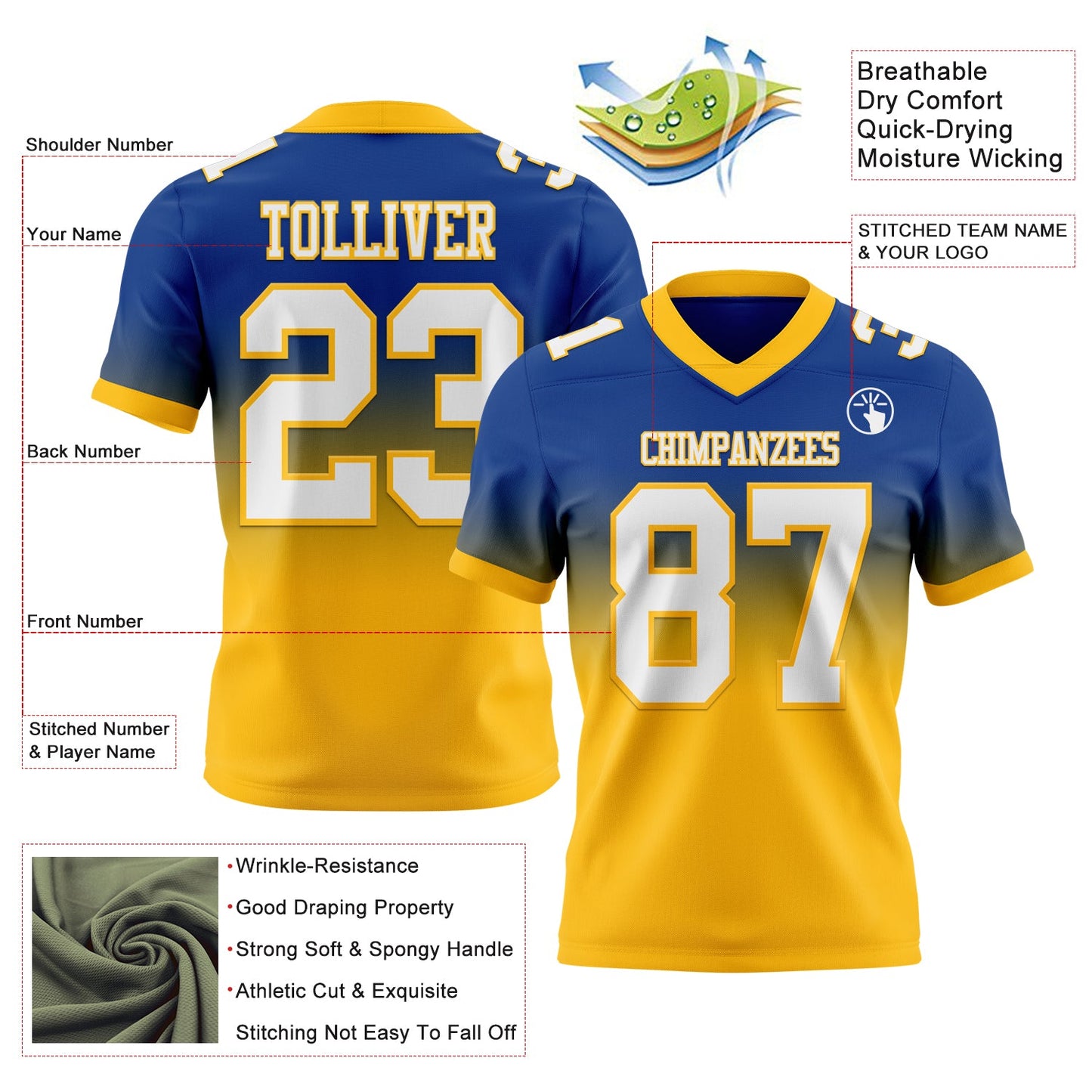 Custom Royal White-Gold Authentic Fade Fashion Football Jersey view 2