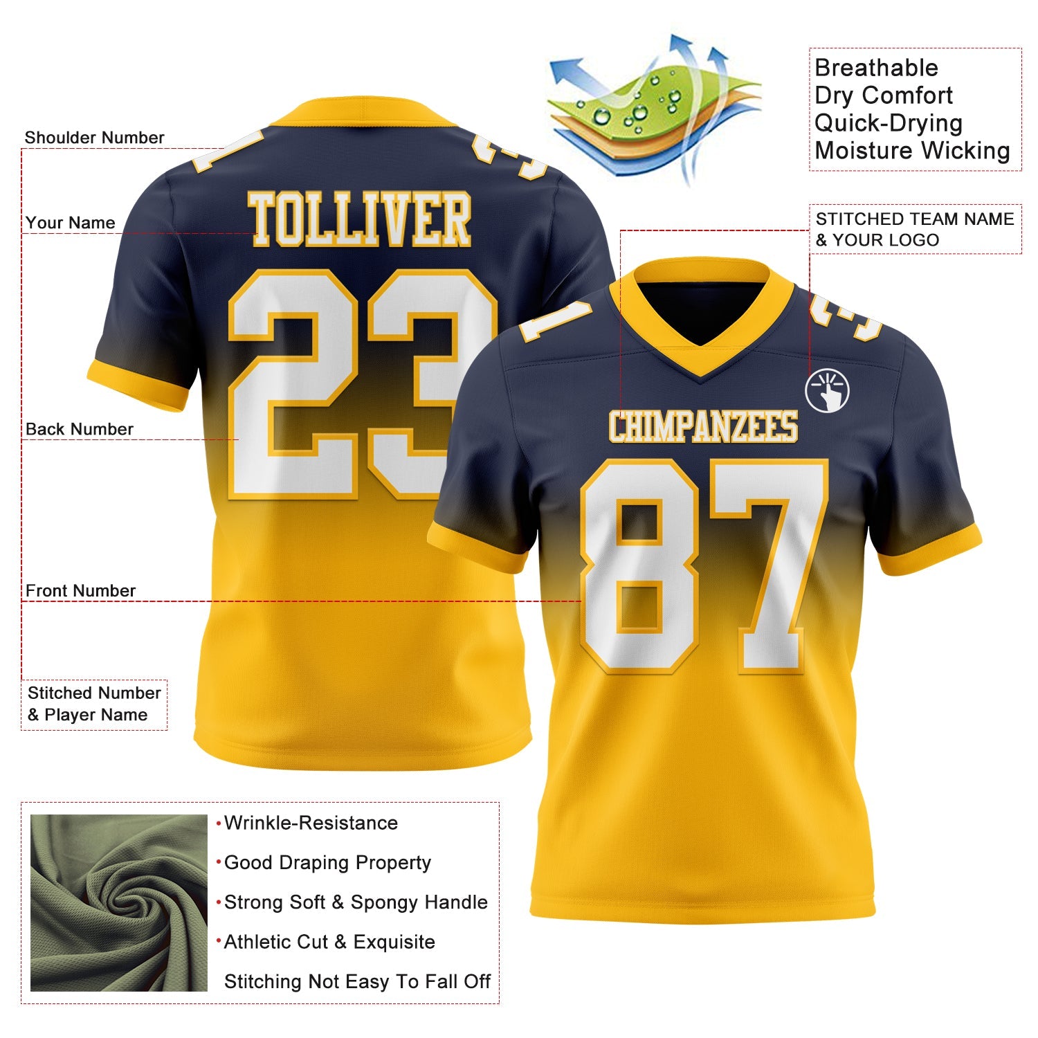 Custom Navy White-Gold Authentic Fade Fashion Football Jersey view 2