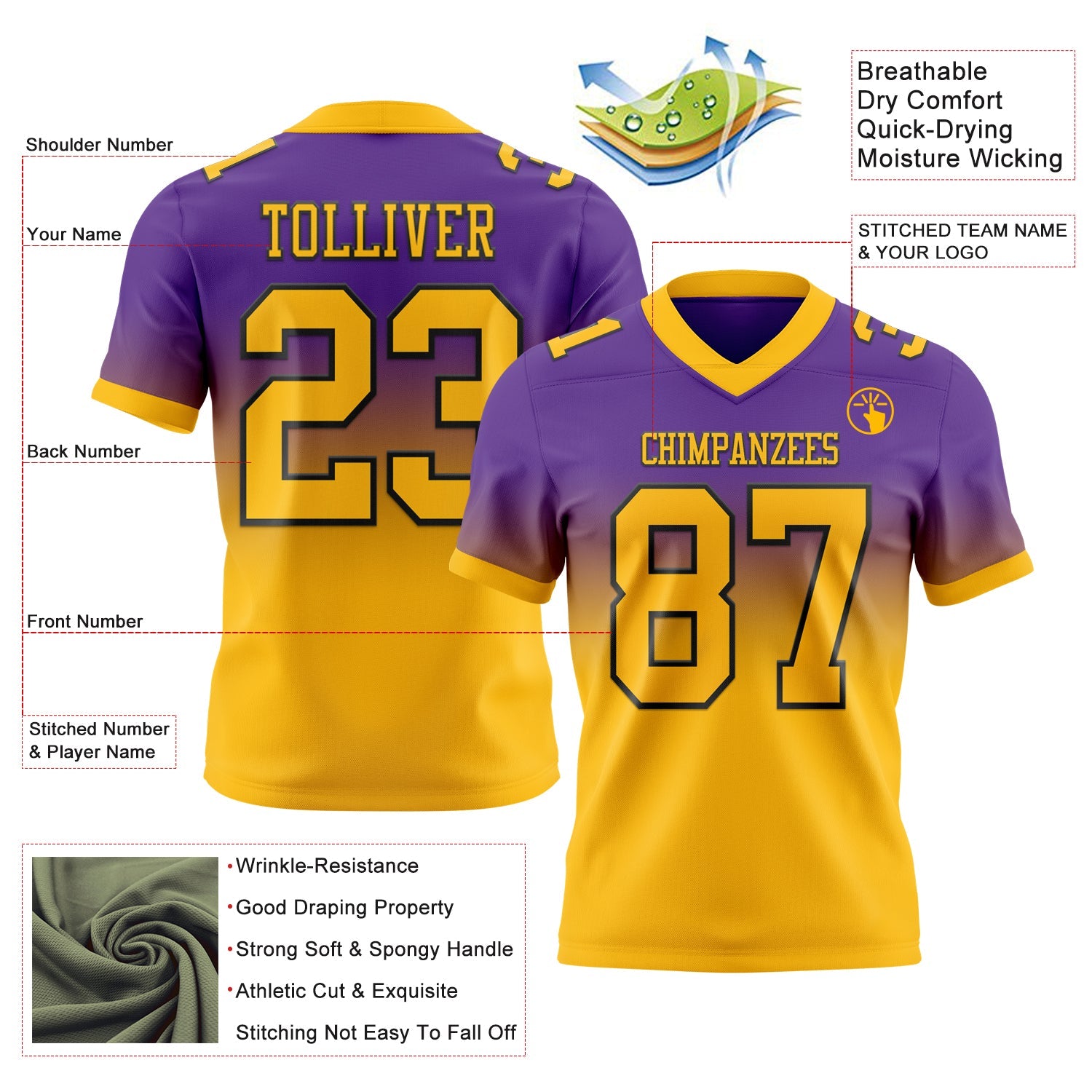Custom Purple Gold-Black Authentic Fade Fashion Football Jersey view 2