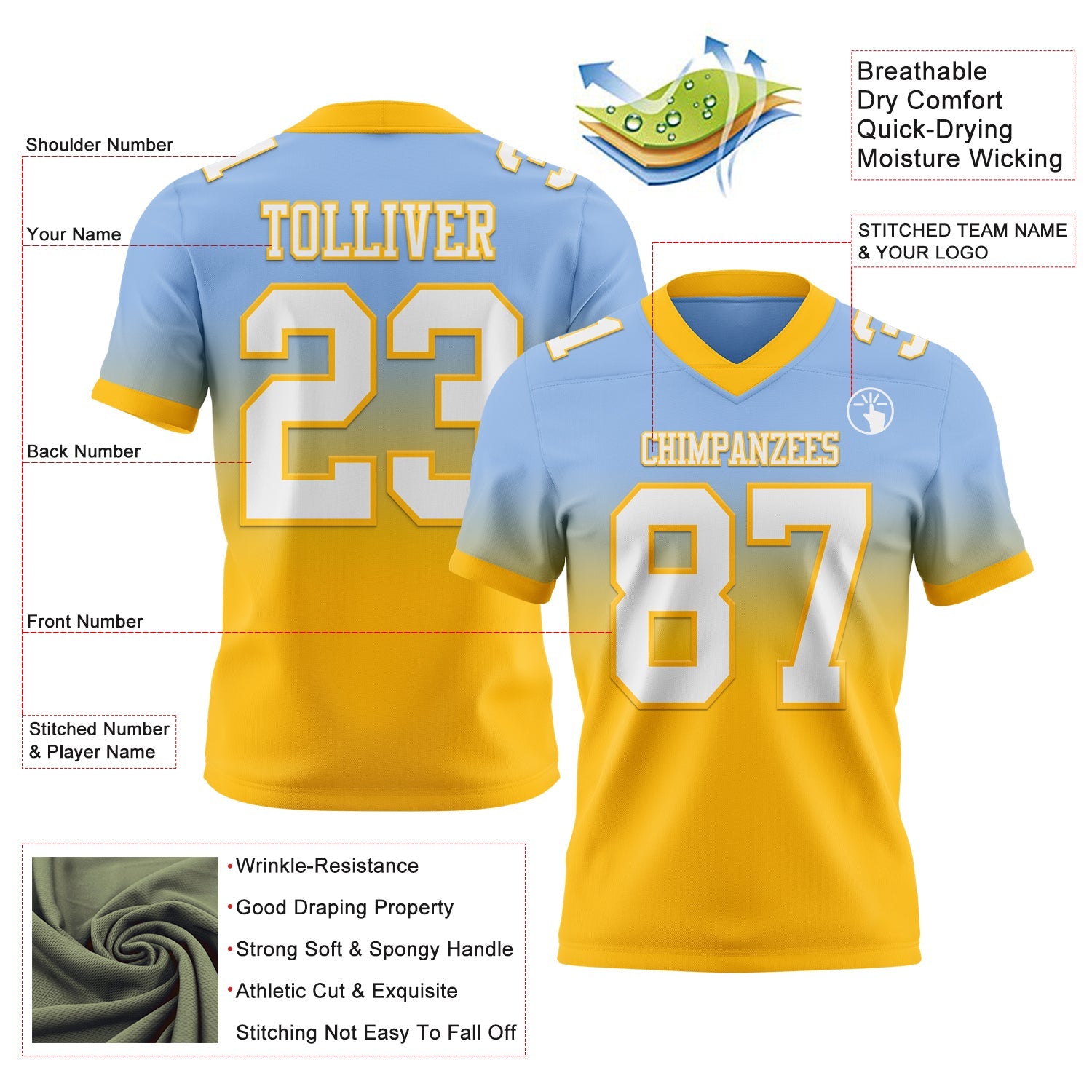 Custom Light Blue White-Gold Authentic Fade Fashion Football Jersey view 2