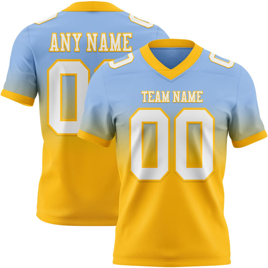 Custom Light Blue White-Gold Authentic Fade Fashion Football Jersey - Main View