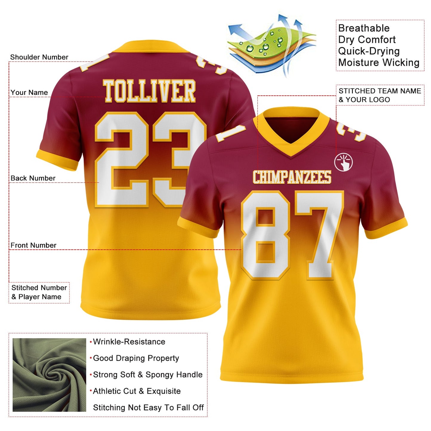 Custom Maroon White-Gold Authentic Fade Fashion Football Jersey view 2