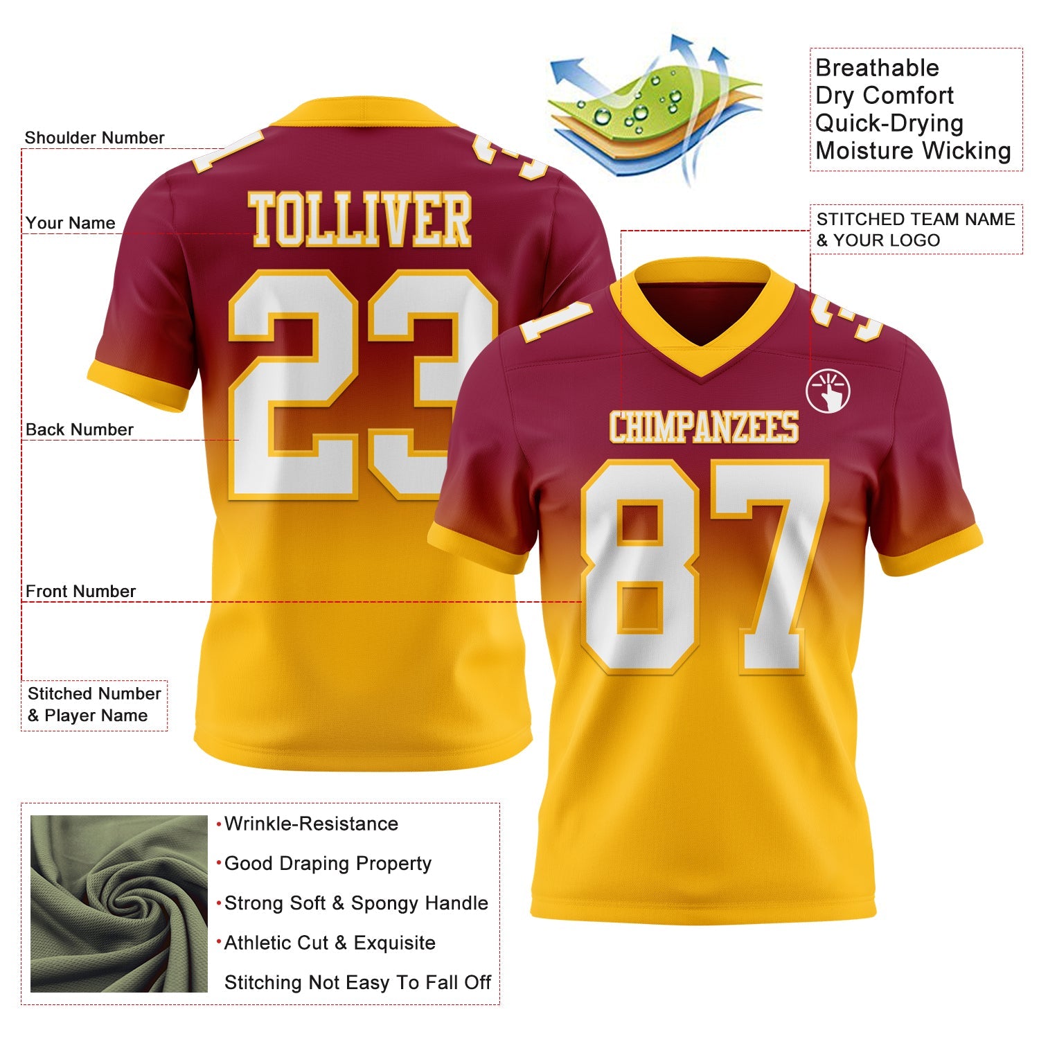 Custom Maroon White-Gold Authentic Fade Fashion Football Jersey view 2